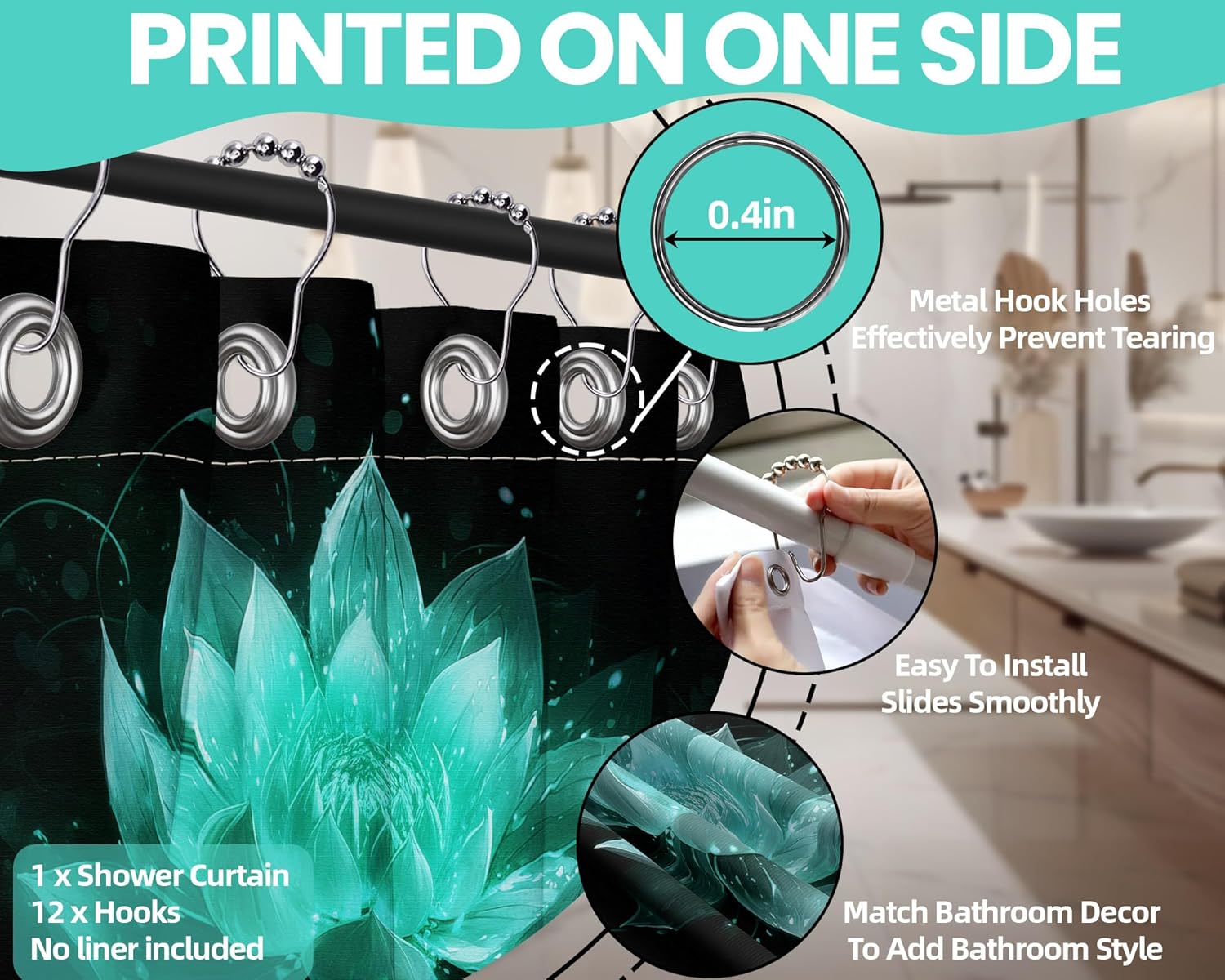 Black and Teal Shower Curtain Turquoise Aqua Peacock Blue Lotus Flower Shower Curtains for Bathroom Decor Sets, Waterproof Cloth Fabric with Hooks, 70x84in