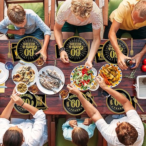 Miniatura 7 de Juego de 96 platos y servilletas para cumpleaños de 60 años, suministros de fiesta de saludos a 60 años, decoraciones de cumpleaños de 60 años,