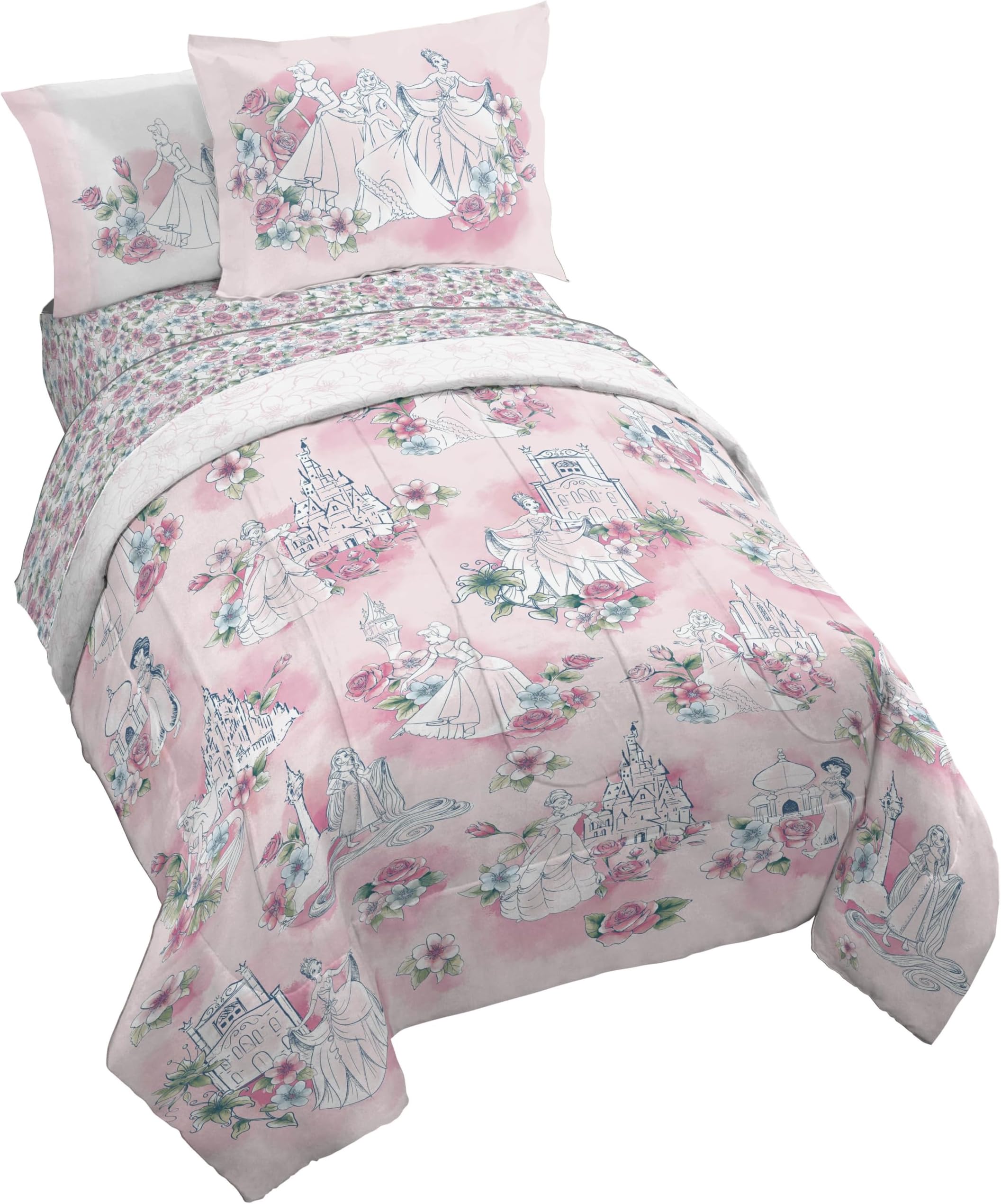 Disney Princess Twin Comforter Set 5 Piece Floral Bedding for Girls, Pink