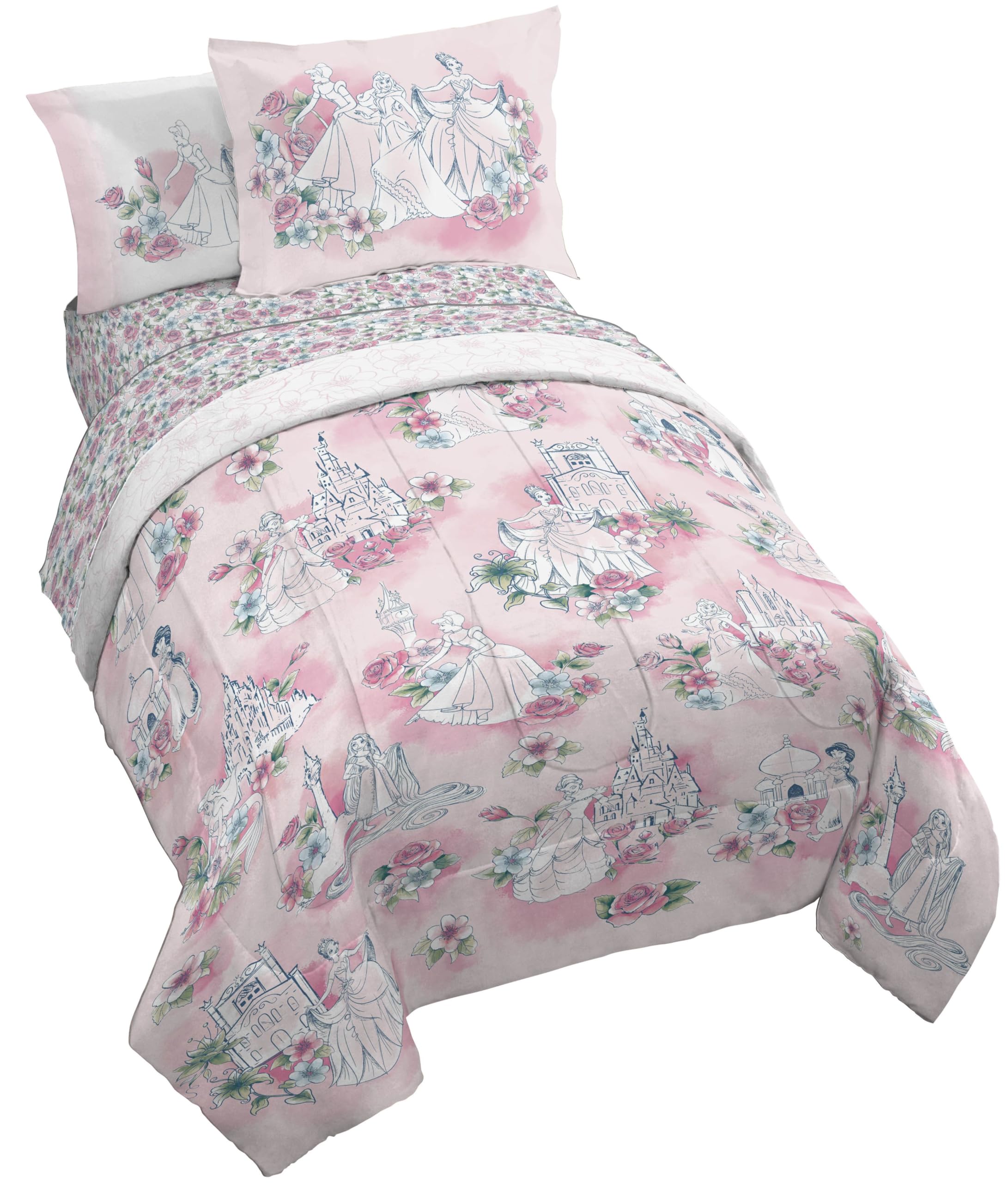 Disney Princess Twin Comforter Set 5 Piece Floral Bedding for Girls, Pink
