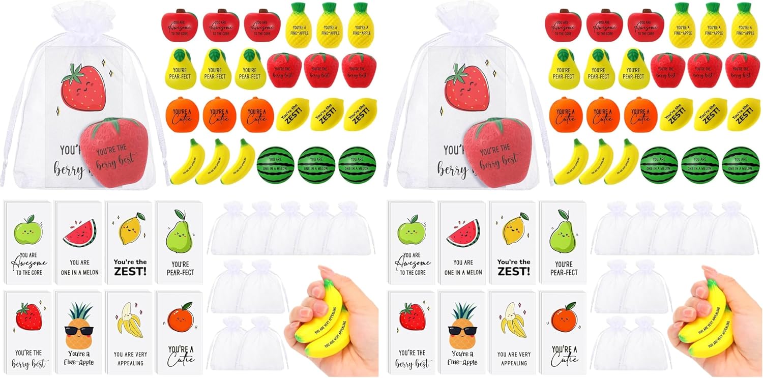 Outus 24 Sets Fruit Stress Balls with Motivational Quotes Cards Fruit Stress Balls Toys with Inspirational Cards, Anxiety Relief Toy Organza Bags for Employee Teacher Gifts (Pack of 2)