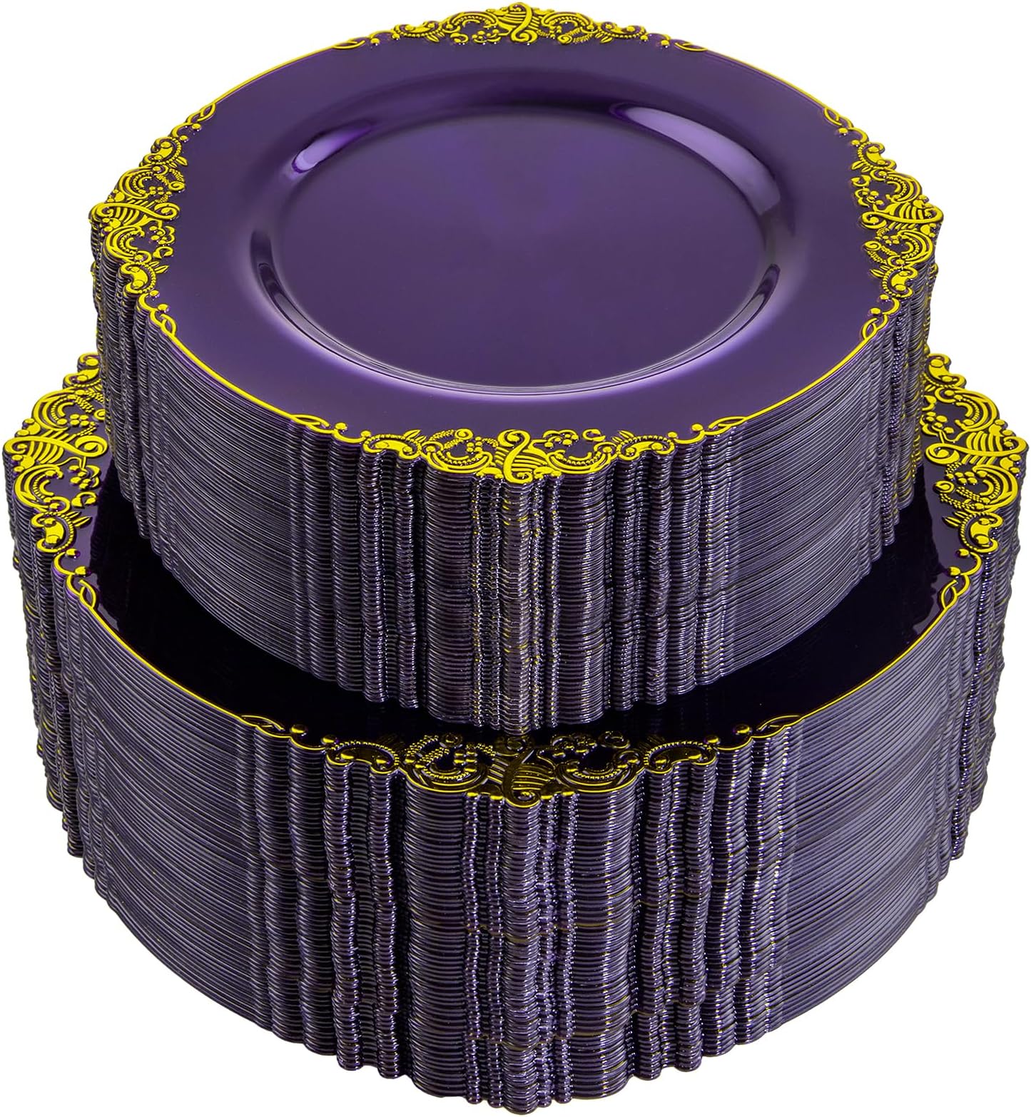 Joyido 102PCS Purple and Gold Plastic Plates - High End Purple Disposable Plate - Vintage Party Dinner & Dessert Plates for 51 Guests Wedding & Halloween Party
