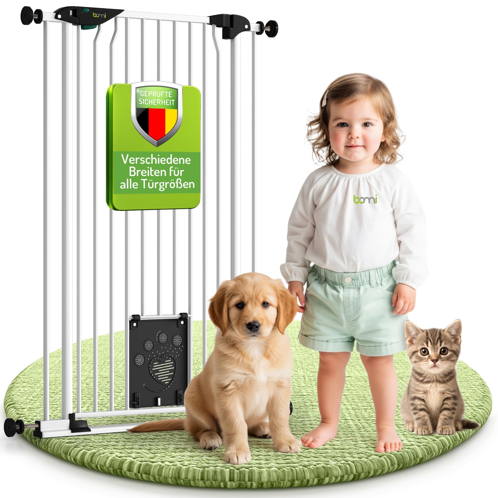 BOMI Tierschutzgitter Mira| Türschutzgitter mit Katzenklappe | Ideales Absperrgitter Hund, Katzengitter Tür & Welpen Zubehör | Hundegitter Wohnung weiß Metall | Breite: 143-153 cm
