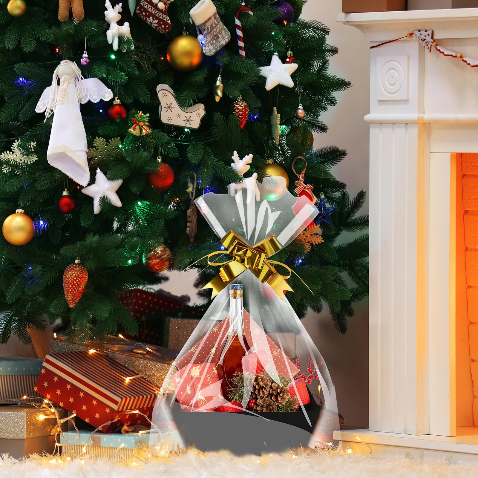 Fainne El kit de 54 cestas para regalos incluye 18 cestas de regalo vacías a granel, 9.8 x 8.5 x 3.5 pulgadas, almacenamiento de alimentos con asas, 18 bolsas de plástico y 18 lazos para envolver