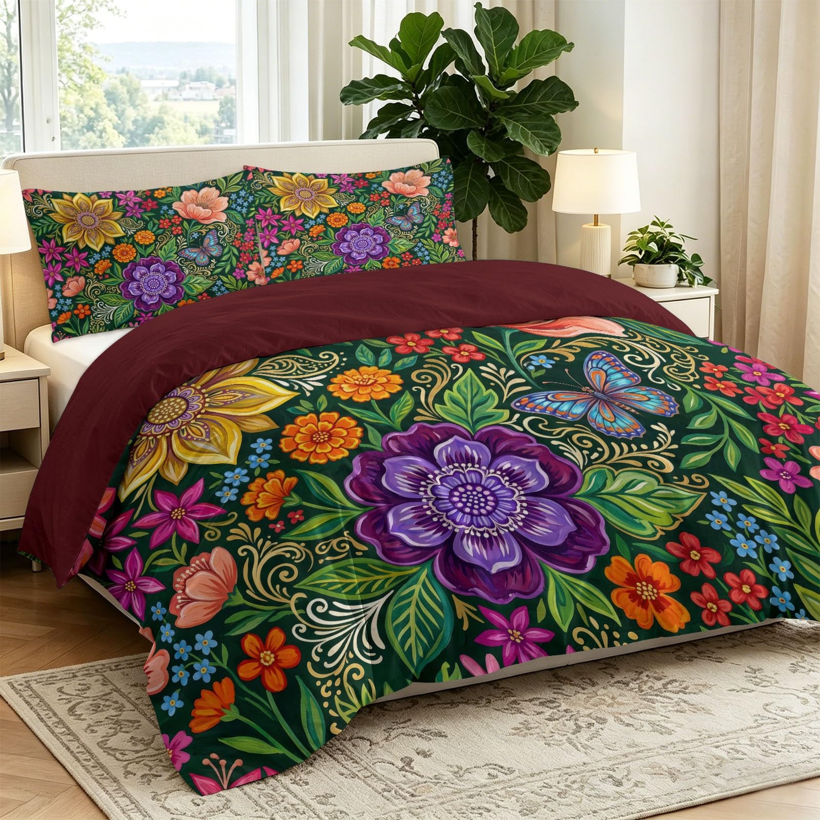 3-częściowy komplet pościeli 135 x 200 cm, z mikrofibry, na lato, czerwona, czeska botanika i nadruk zwierzęcy, dwustronna poszwa na kołdrę z zamkiem błyskawicznym i 2 poszewki na poduszkę 80 x 80 cm