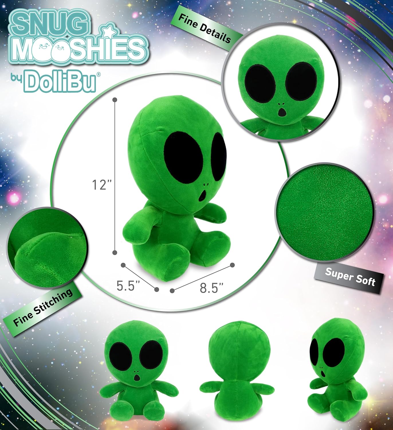 DolliBu Snug-Mooshies Green Alien Stuffed Animal Plush Toy - Space Super Fluffy Soft Animal Friend for Girls and Boys, Medium Huggable Cute Plush for Kids Play, Cuddling, and Decoration - 12 Inches