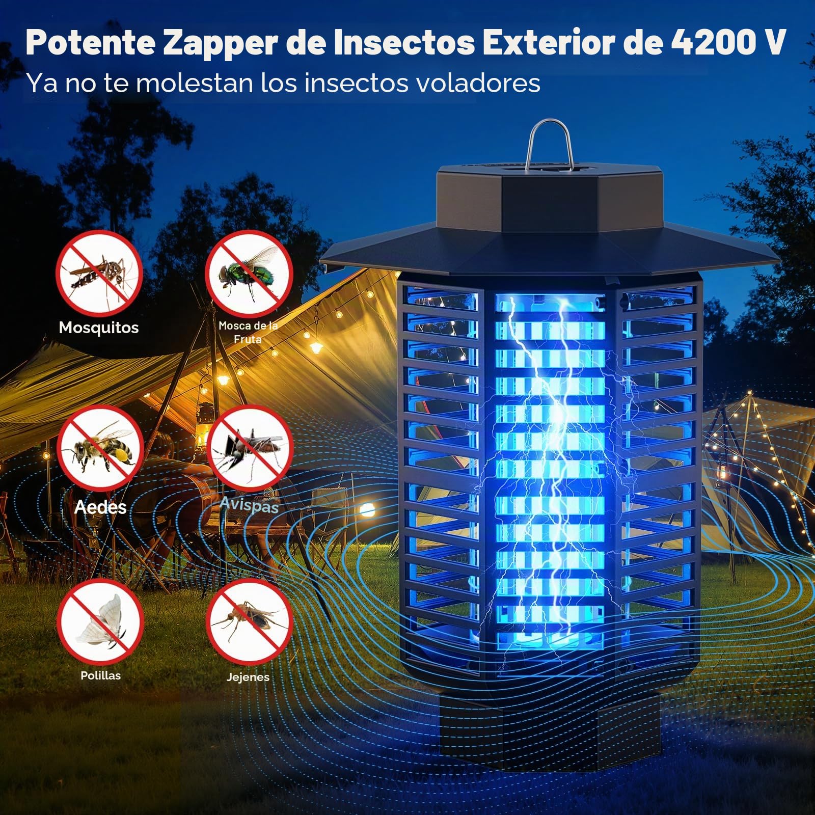 Lámpara Antimosquitos Eléctrica 4200V 18W UV Mata Mosquitos Eléctrico Silenciosa e Impermeable IPX4,Matamoscas Eléctrico Atrapa Mosquitos y Moscas,Repelente Mosquitos Eficaz para Hogar,Jardín Terraza