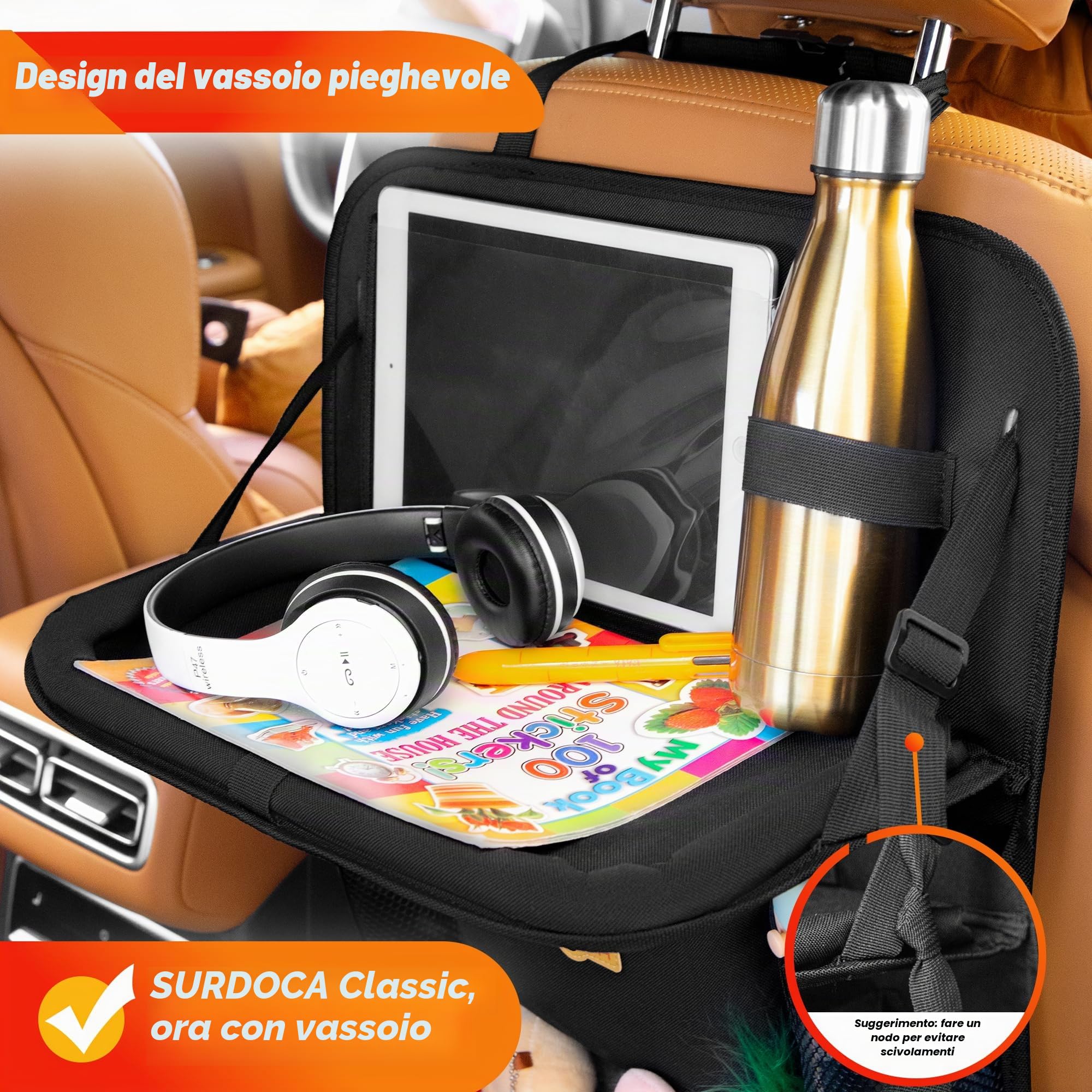 SURDOCA Organizer per auto per bambini con tavolo pieghevole, organizer per sedili posteriori con scomparto per tablet touchscreen, protezione per lo schienale impermeabile, si adatta alla maggior