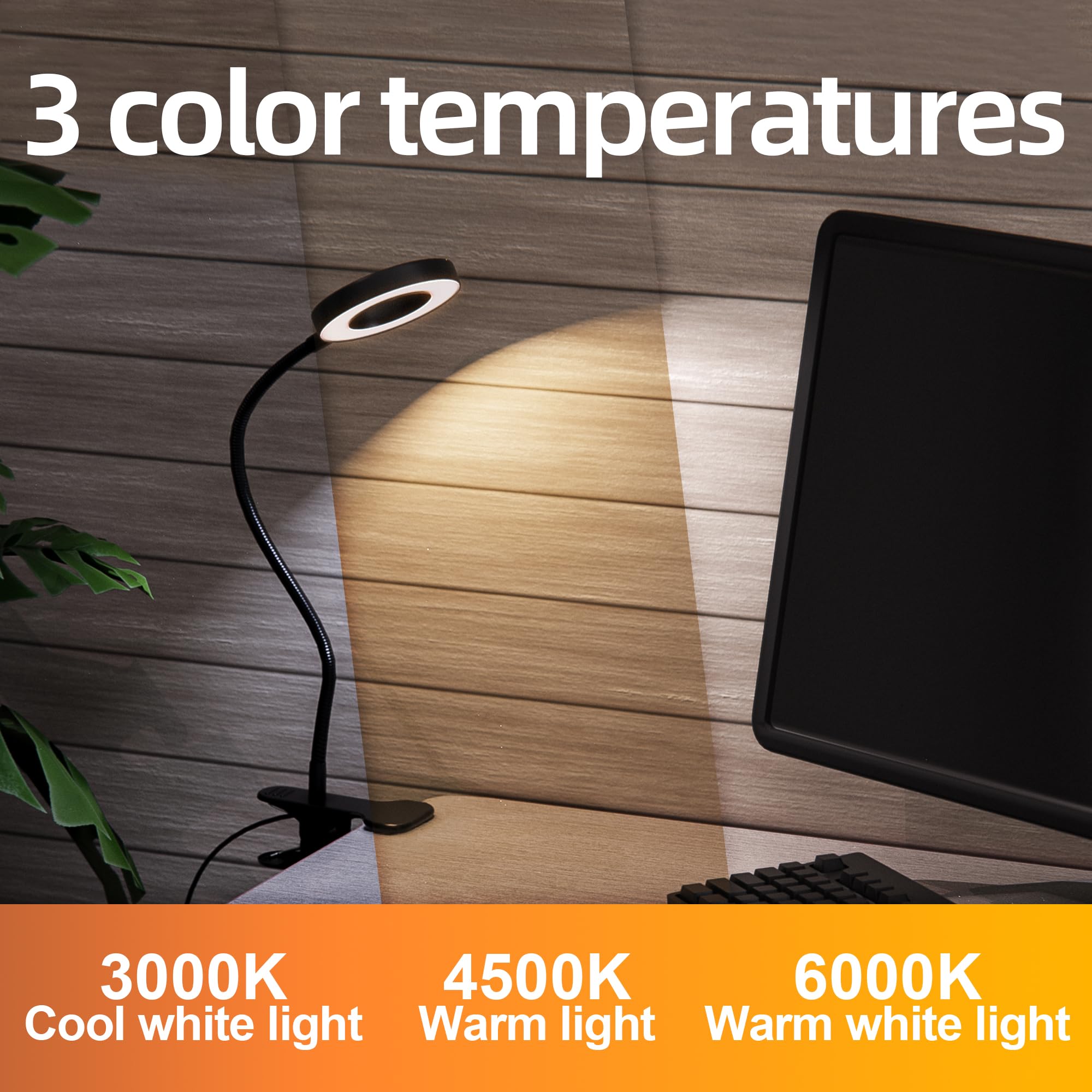 Foneso Lampe de Bureau, Lampe Pince 360° pour Lecture, Éclairage Doux,Livre, Nuit, Voyage, Chambre à Coucher(Noir,Deux ensembles,sans prise)