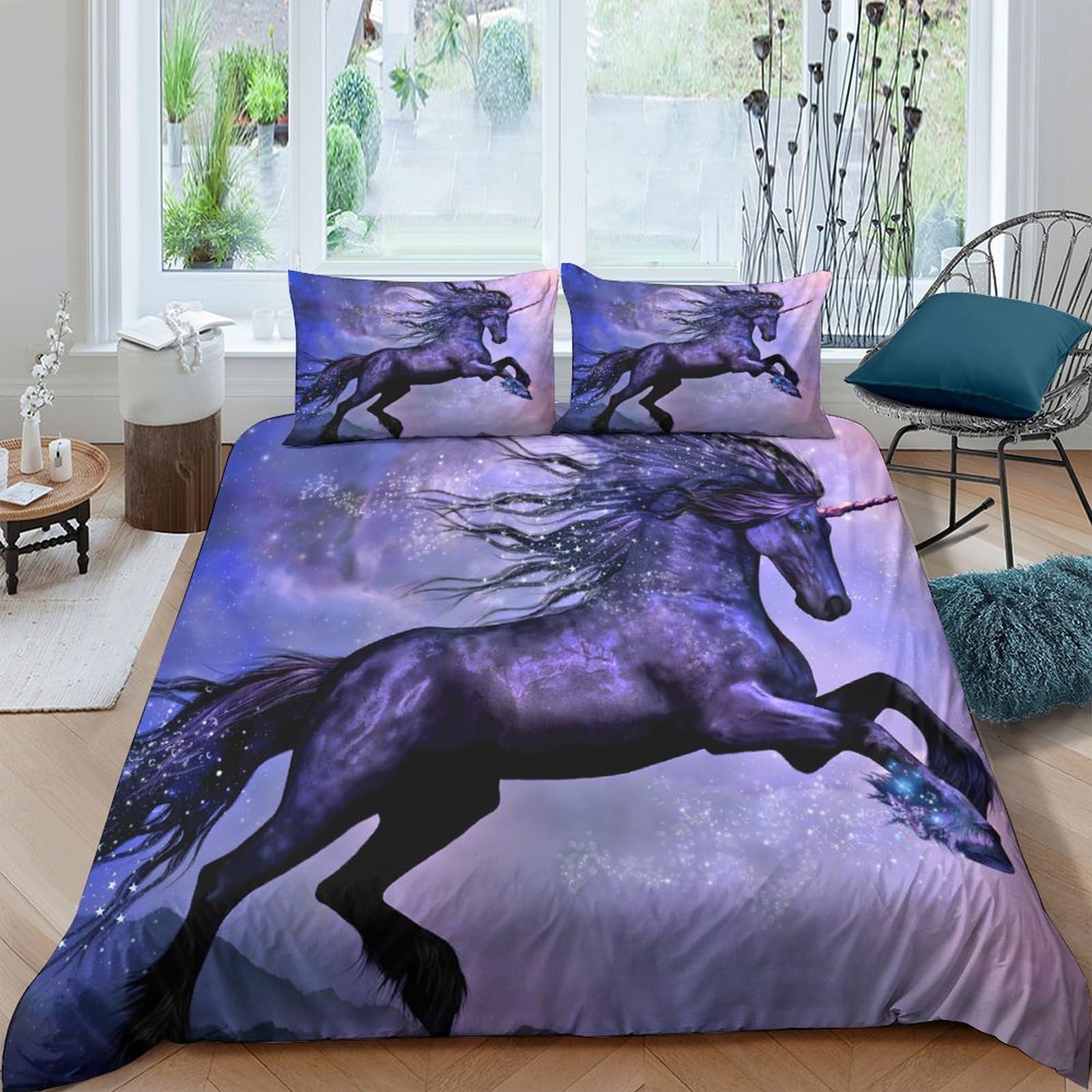 TUFRTGYHN 3D Printed Fantasy Unicorn Duvet Cover Microfiber Soft Breathable Night Sky Bedding Set with 2 Pillowcases for Bedroom Decor Single（135x200cm）