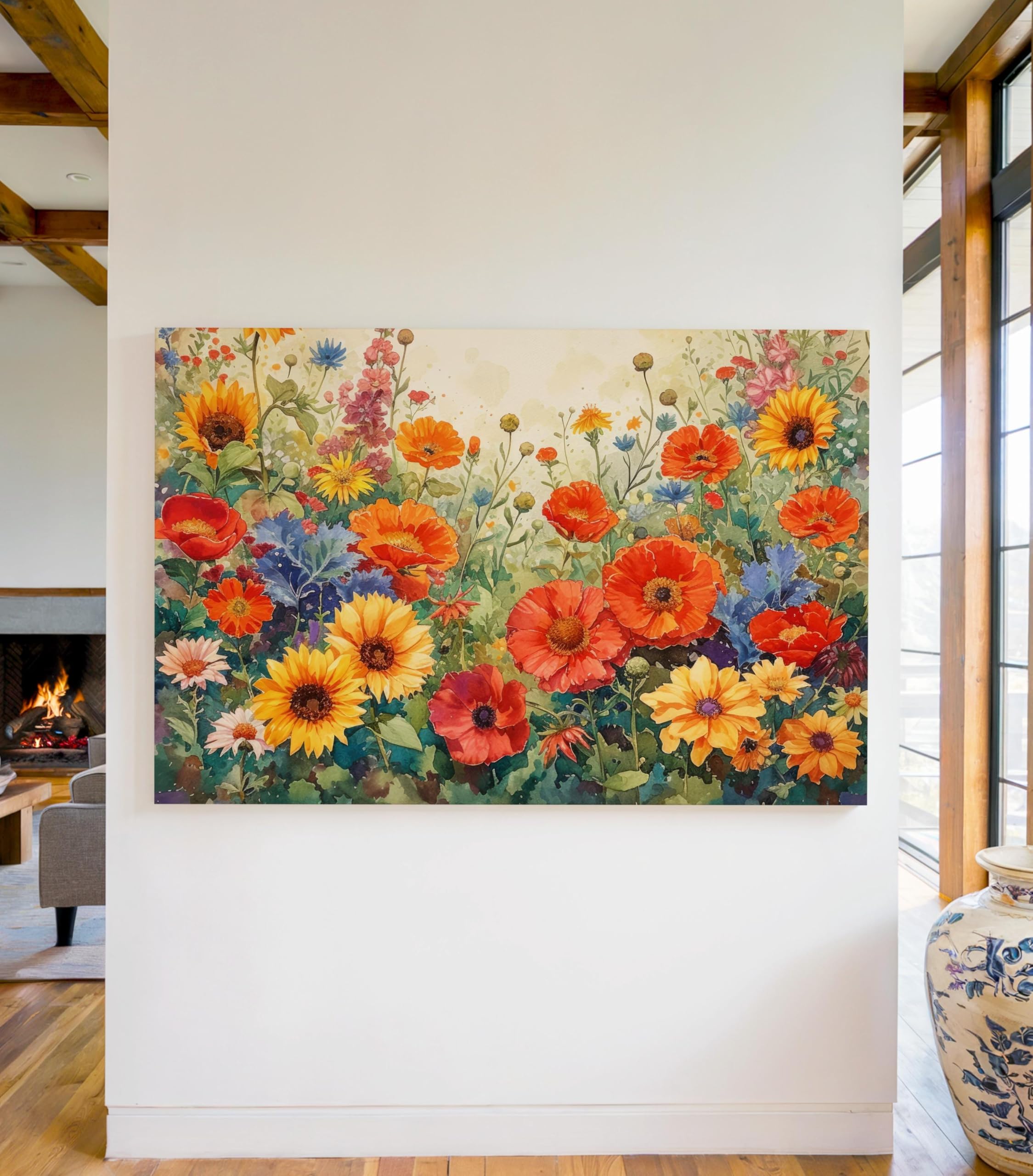 lianyibo Sunflowers and Poppies Canvas Print, Watercolor Wildflower Garden, Boho Floral Wall Art Living Room Bedroom Decor(40x60cm/Frameless)