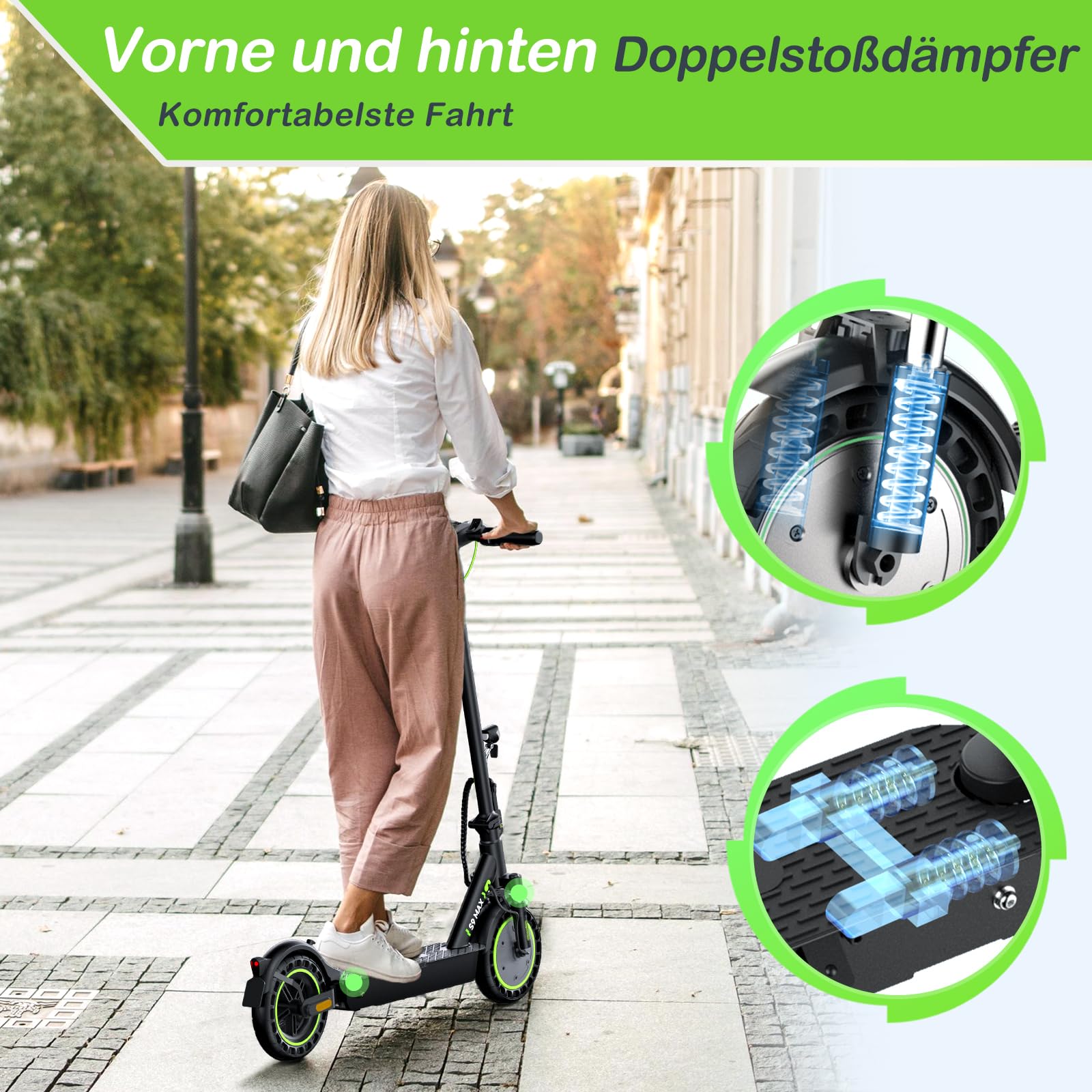 Skuter elektryczny z dopuszczeniem do ruchu drogowego, z akumulatorem 10 Ah, zasięg do 40 km, 10 cali, z funkcją ładowania USB, hulajnoga elektryczna dla dorosłych do 120 kg i amortyzacja uderzeń