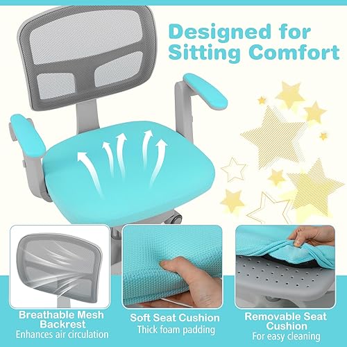 Miniatura 6 de HONEY JOY Silla de escritorio para niños, silla de estudio para niños con altura ajustable, reposabrazosreposapiés, silla giratoria de malla