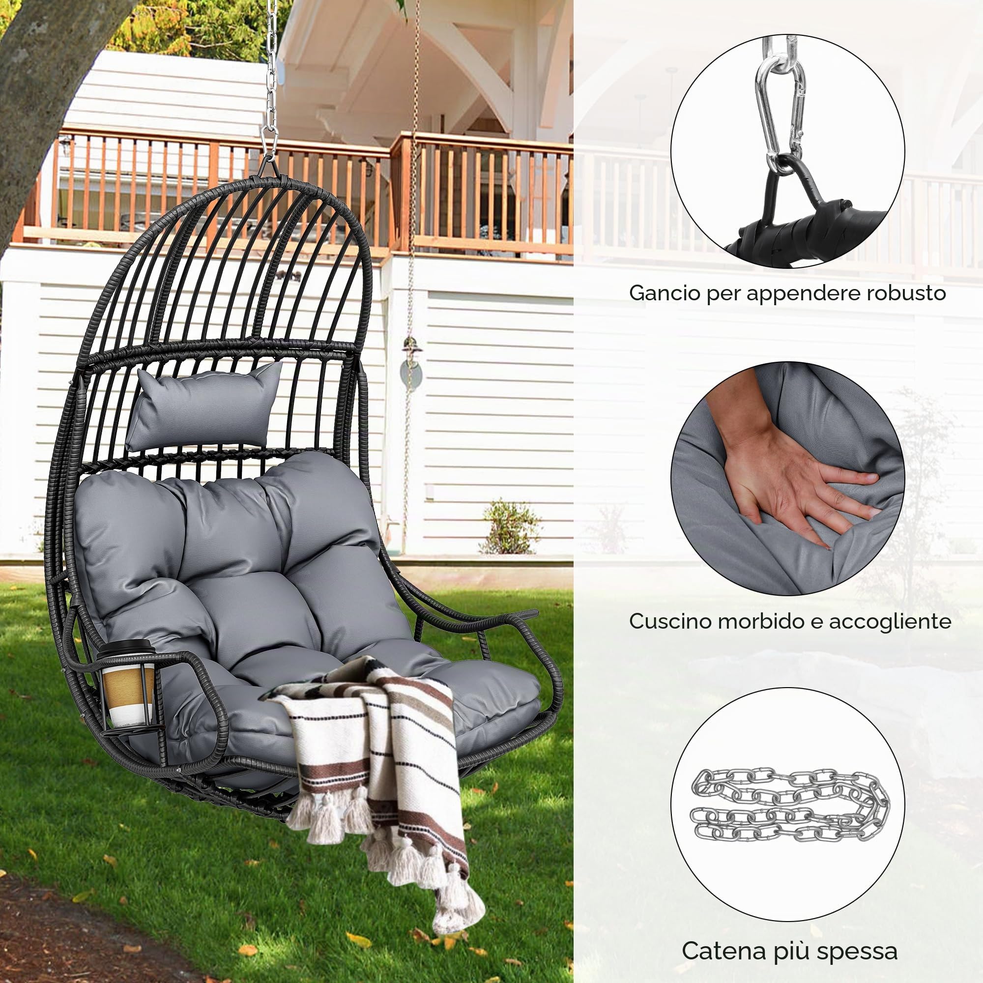 YITAHOME Poltrona sospesa per uova, portata 150 kg, in rattan, con cuscino e supporto per bevande, per giardino, terrazza, balcone, soggiorno, grigio