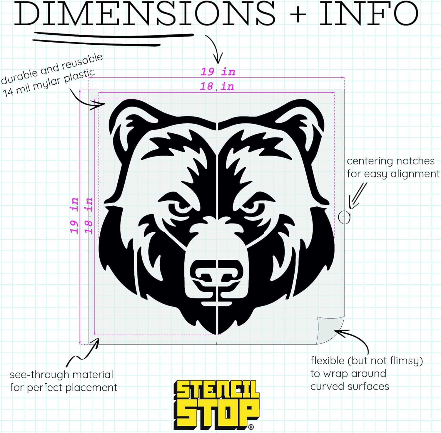 Stencil Stop Grizzly Bear Head Stencil - Reusable for DIY Projects, Painting, Drawing, Crafts - 14 Mil Mylar Plastic (18 x 18 inches)