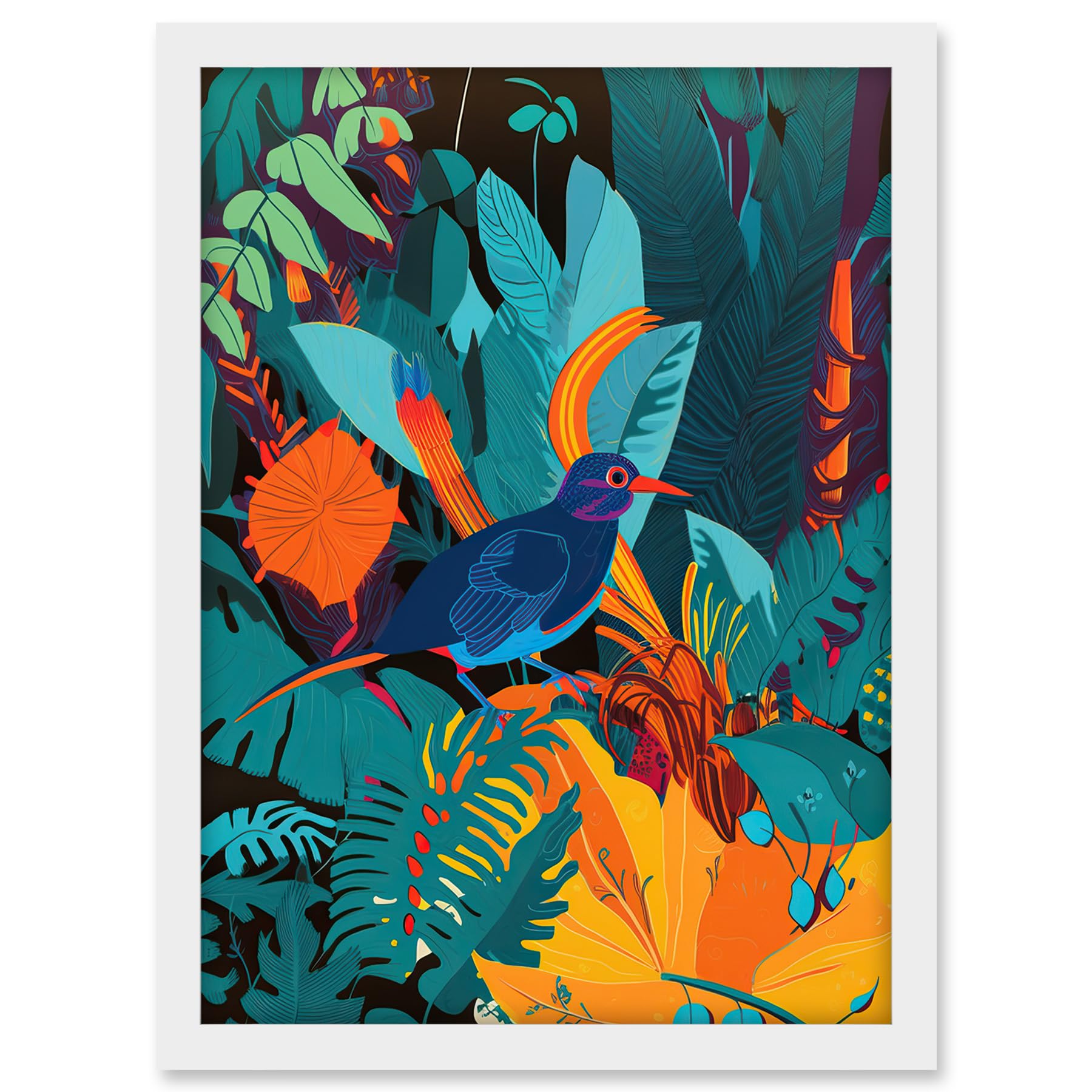 Artery8 Bird in Tropical Forest Vibrant Illustration Artwork Framed A3 Wall Art Print