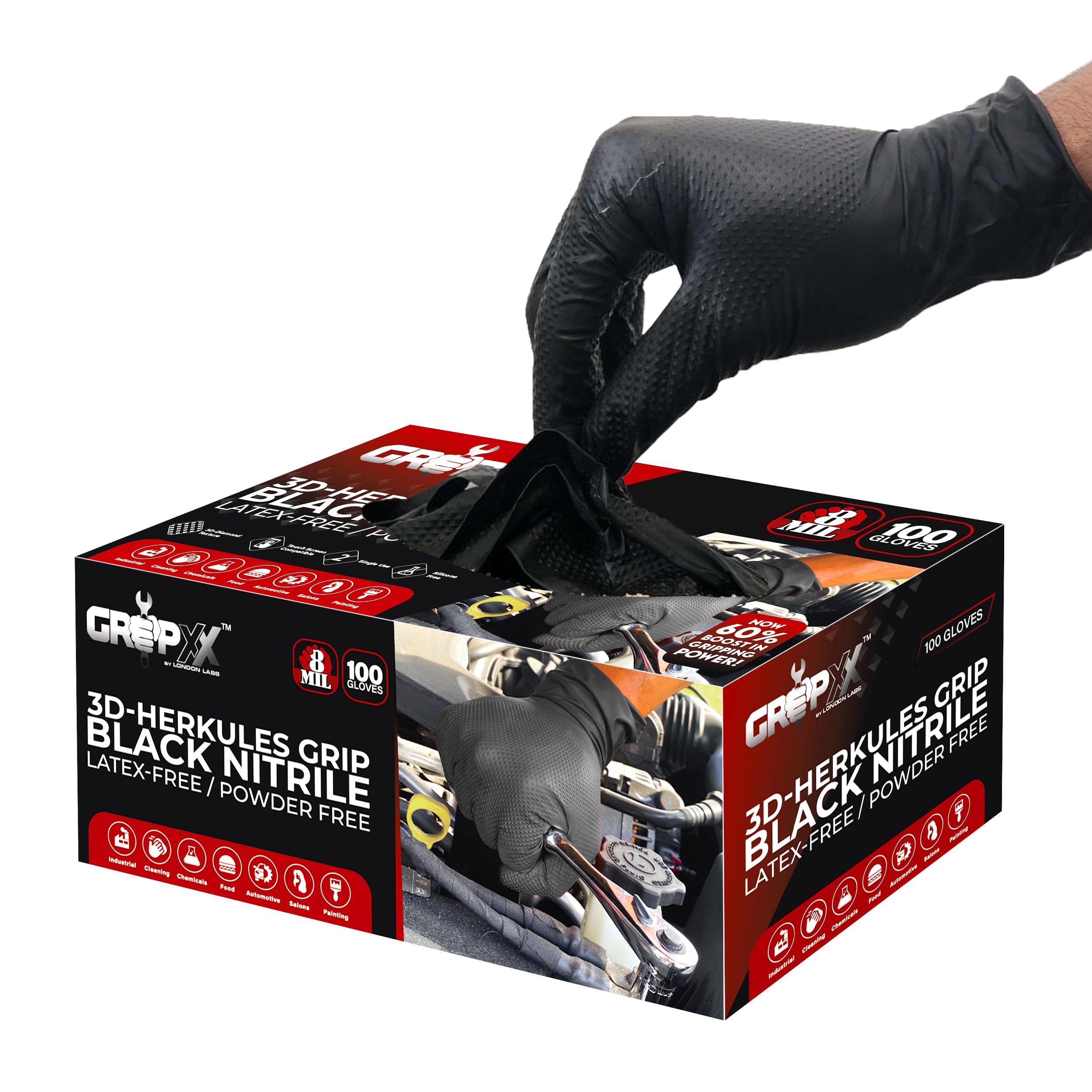 GRIPXX Herkules Grip Heavy Duty 8Mil Black Nitrile Gloves,3D Raised Diamond Texture-Latex & Powder-Free-Industrial, Mechanic (100, Large)