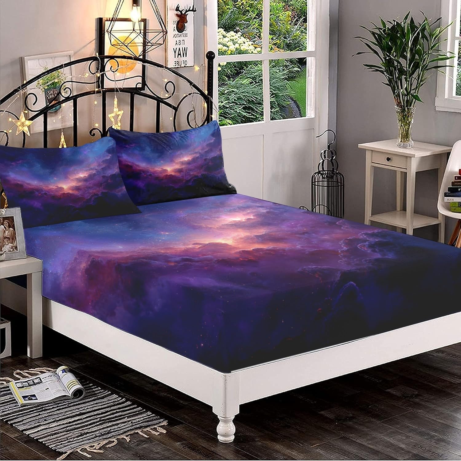 Drap Housse 200x200cm Violet Bande Élastique Réglable 2 Personnes Lit