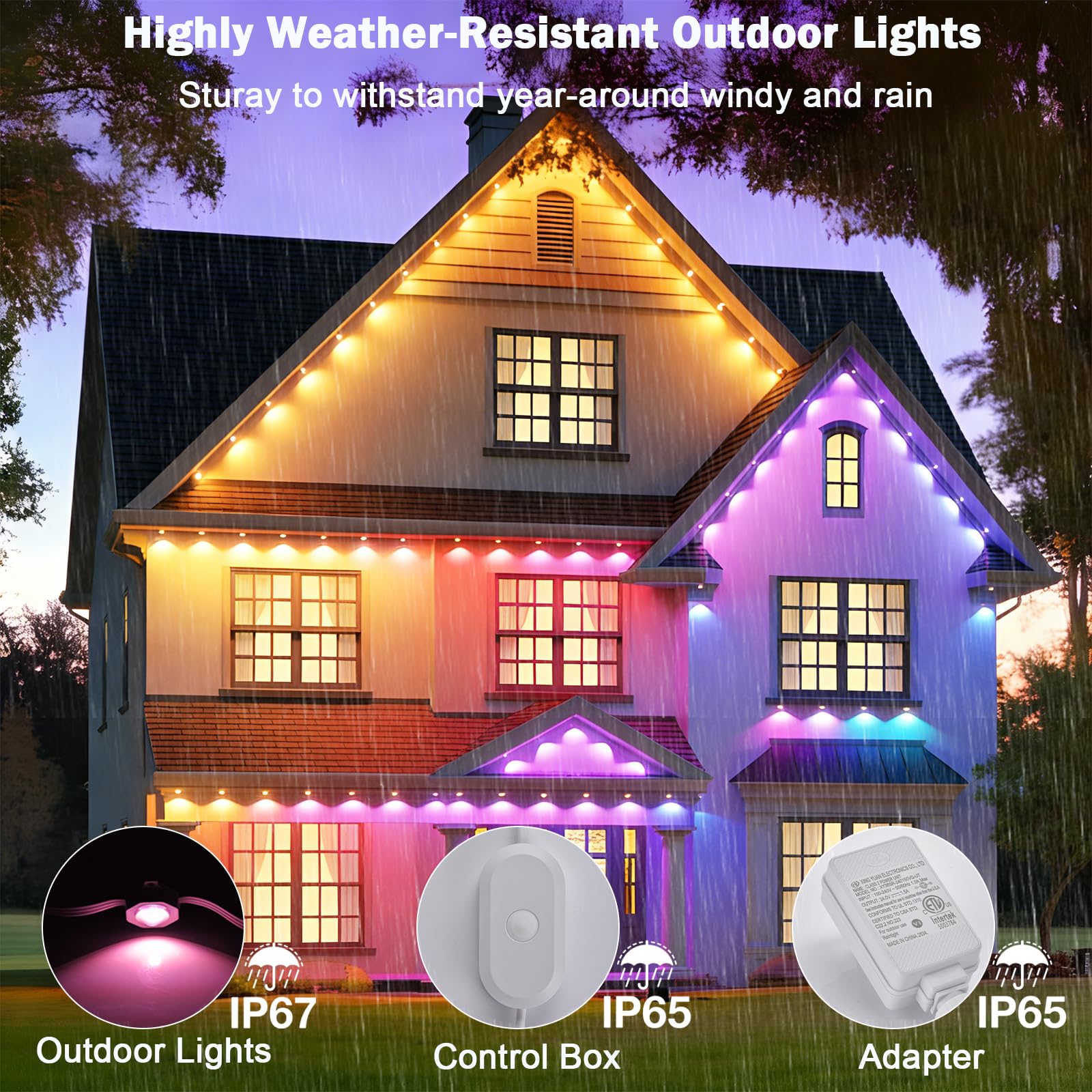 iYogaled Permanente Außenleuchten, 30,5 m, intelligente RGB-LED-Außenleuchten, Farbwechsel, Trauflichter mit 63 Szenenmodi, IP67 wasserdicht, permanente Urlaubslichter für den Außenbereich, App,