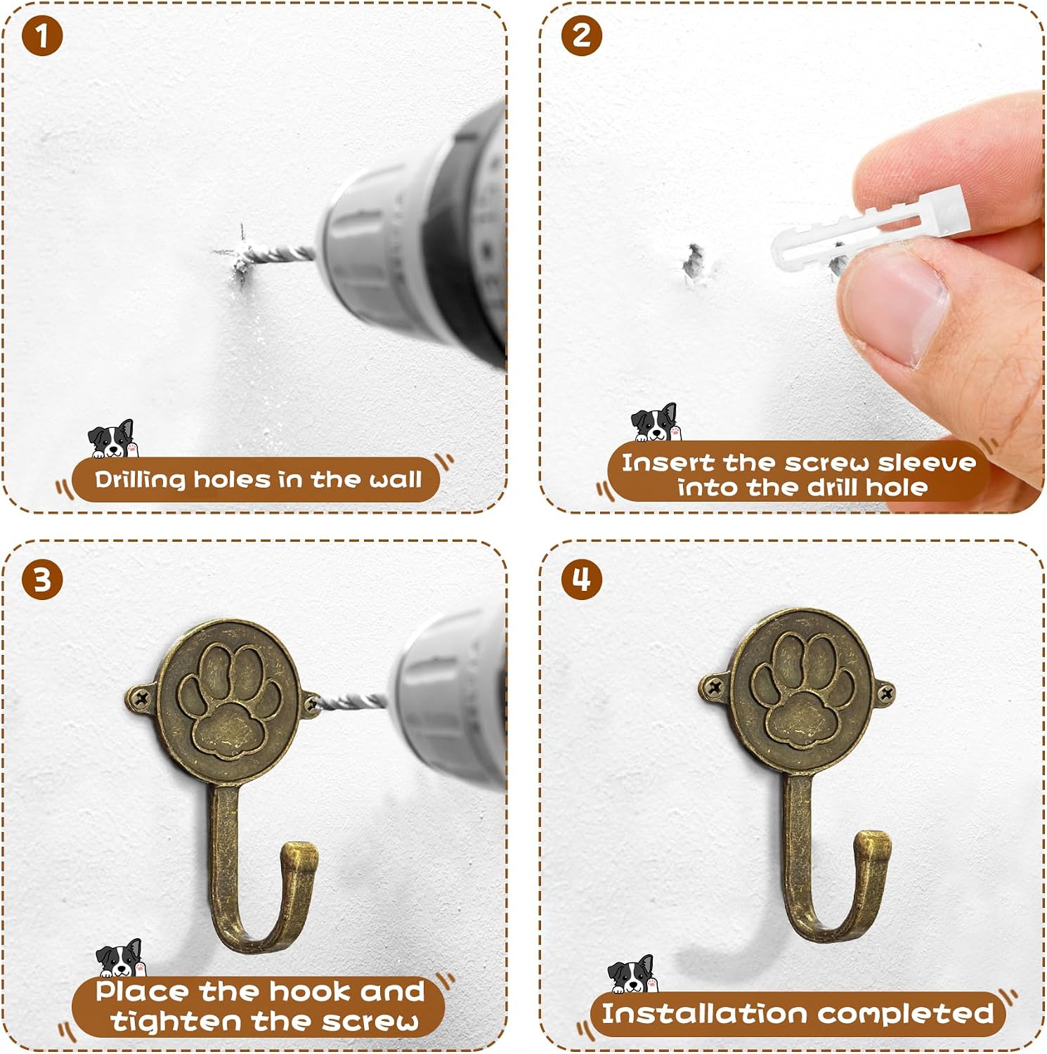 6PC Dog Paw Hooks Wall Mount Pet Leash Hook Cat Leash Holder for Wall Cute Coat Hooks Key Holder for Entryway Hallway Kitchen Office, Great Gift for Dog and Cat Lovers(Antique Brass)