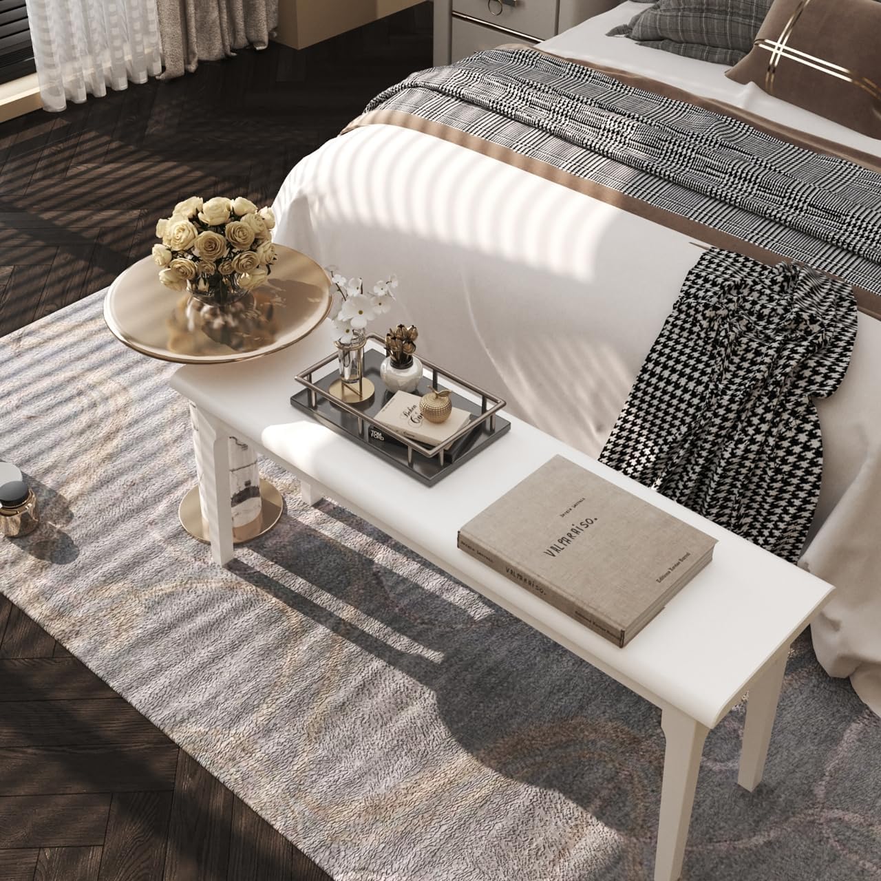 Wilk Wooden Entryway Bench, 47’’ Indoor End of Bed Bench, 100% Solid Oak Wood (White)