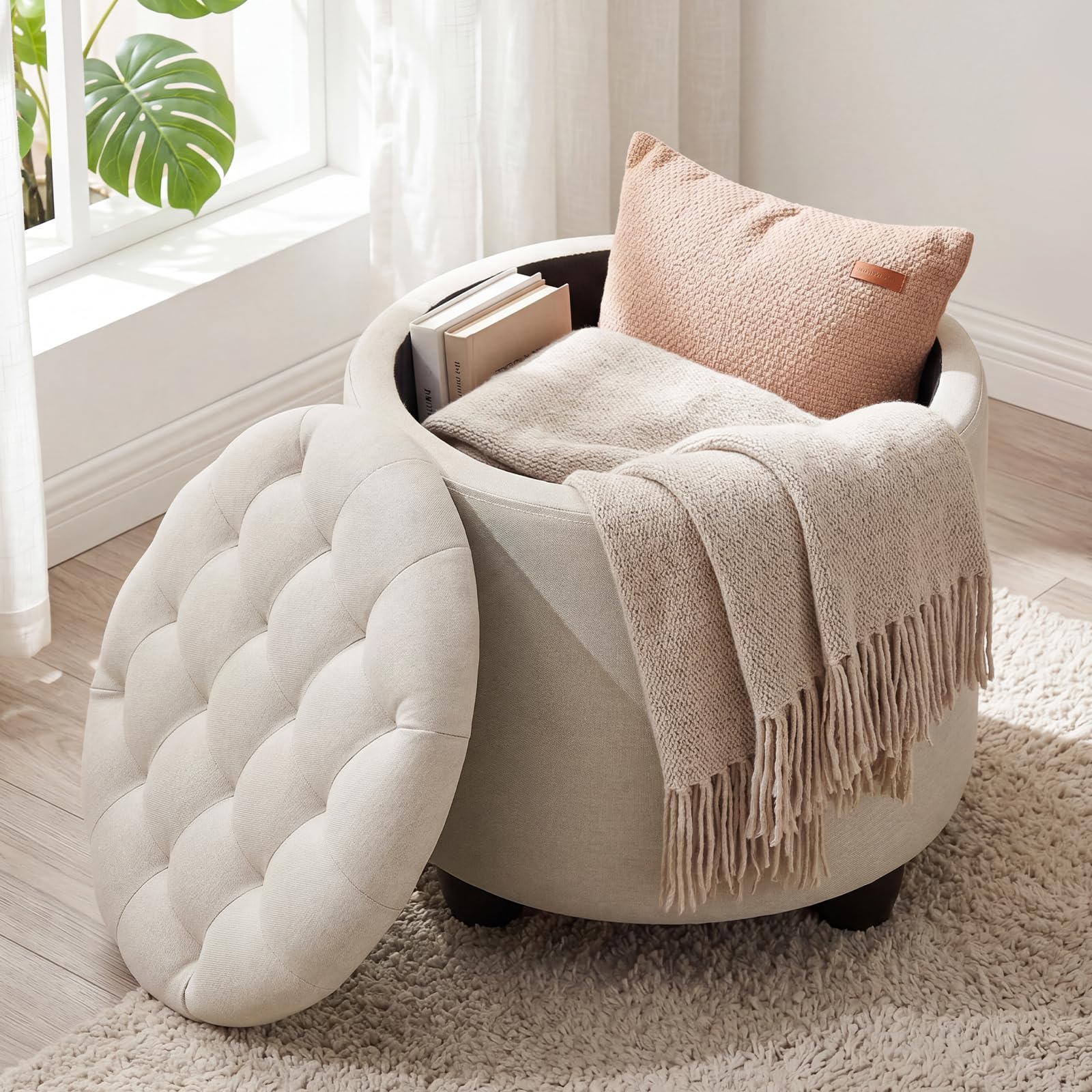 Ckaff Storage Ottoman, 48cm Round Footstool with Padded Seat and Removable Lid, Button Tufted Ottoman Storage Box with Sturdy Legs for Living Room, Bedroom, Dining Room, Linen, Beige