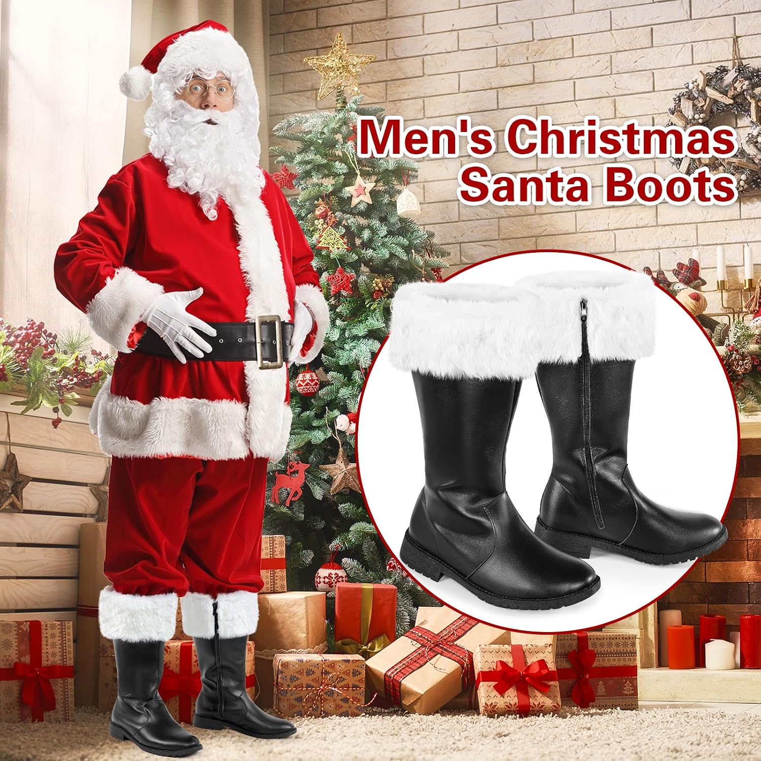 Santa Boots Men Christmas Shoes Adult Black Santa Claus Boots Costume Accessory Wide for Cosplay Xmas
