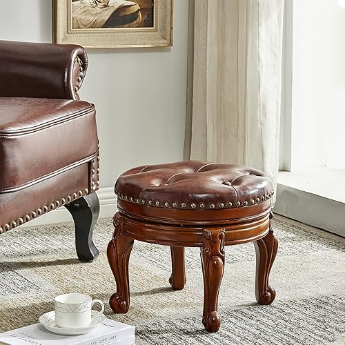 Miniatura 2 de Taburete de pie de madera maciza, reposapiés otomano redondo de mediados de siglo con cojín de cuero de microfibra para sala de estar, dormitorio,