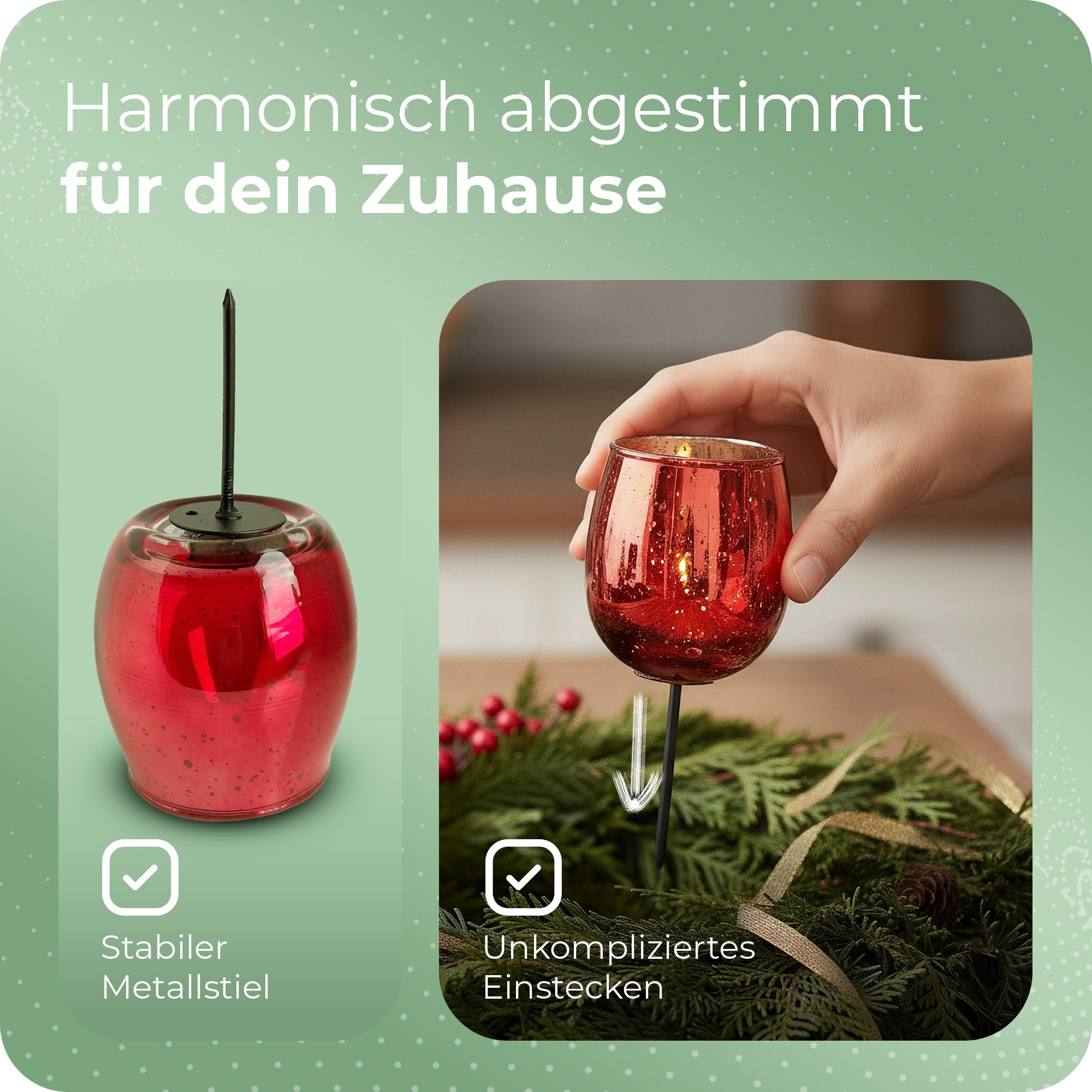 12x Teelichthalter Glas für Adventskranz 6cm Bauchig Rot - Kerzenhalter Klein, Kerzenpicks für Teelichter, Weihnachtskranz - 3X 4er Teelicht Gesteck Weihnachten Dekoration Xmas