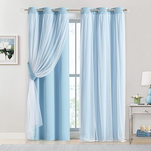 Bujasso Cortinas 90% opacas de color azul cielo con superposición transparente, mezcla y combinación, paneles de ventana de doble capa con