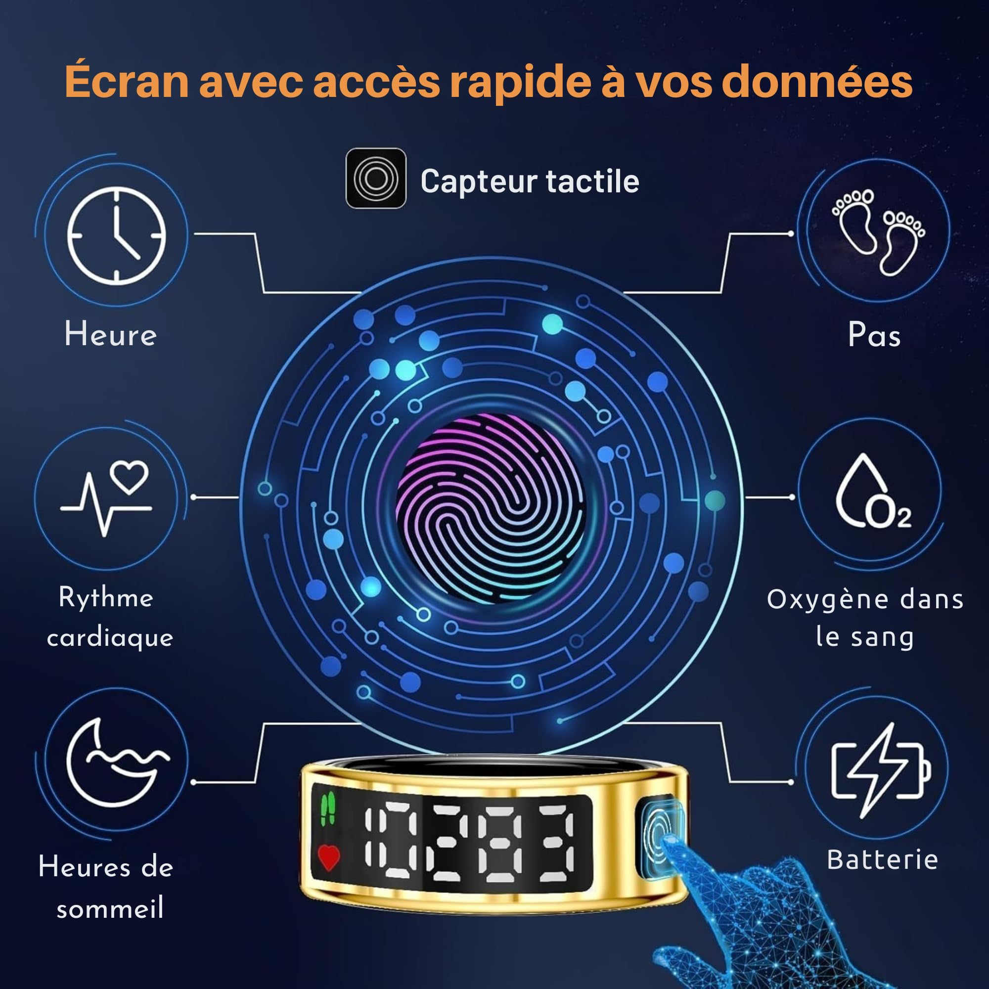 smartia – Bague Intelligente avec écran Tactile, modèle 2026 Application Incluse, Smart Ring Homme et Femme, Bague d’activité et de Suivi de la santé, Surveillance du Sommeil (Noir, 8)