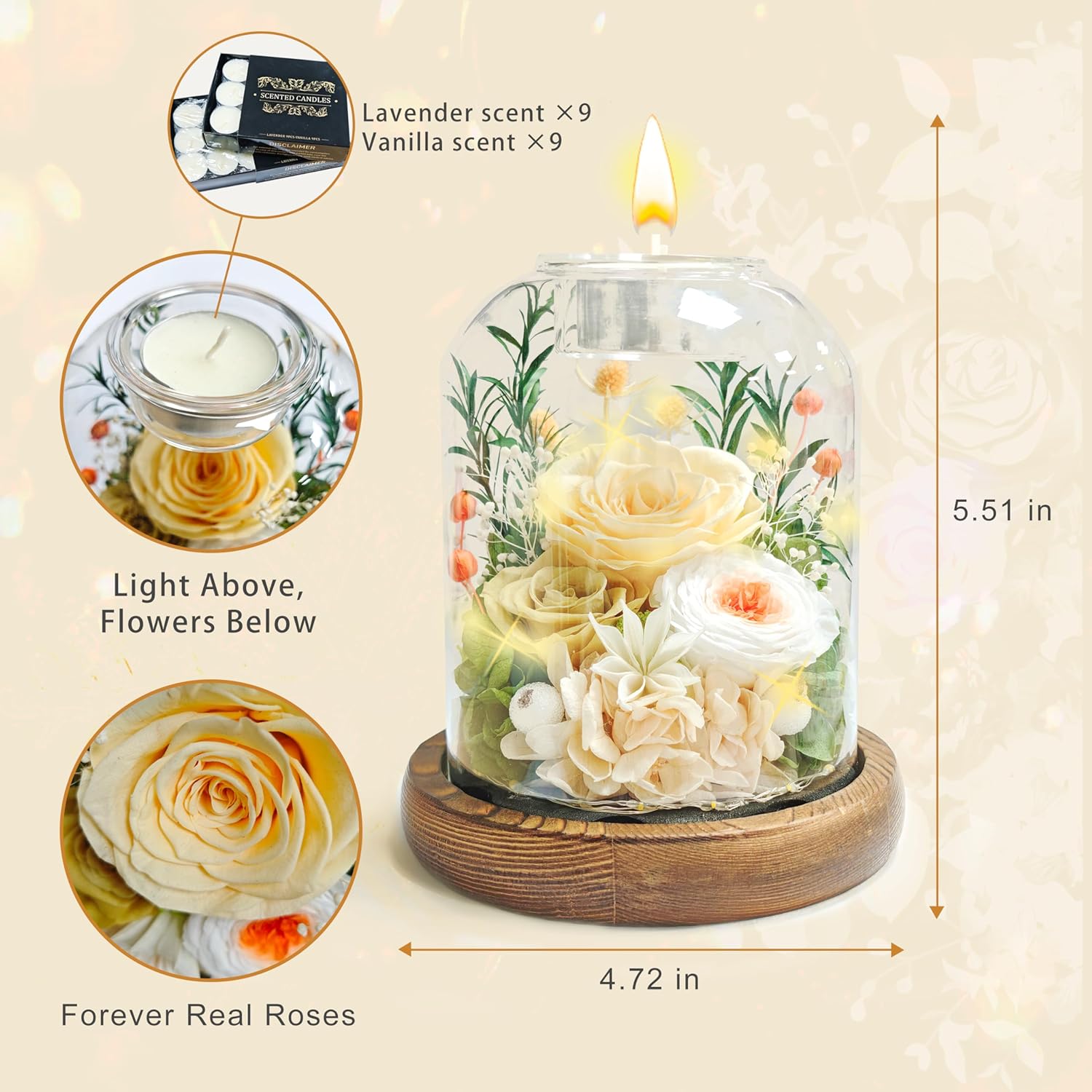 Gifts for Mom, Preserved Rose Flowers in Glass Dome, Forever Flowers for Delivery, Eternal Rose, Birthday Gifts for Women, Mothers Day for Grandma, Wife, Daughter, Anniversary(Champagne)