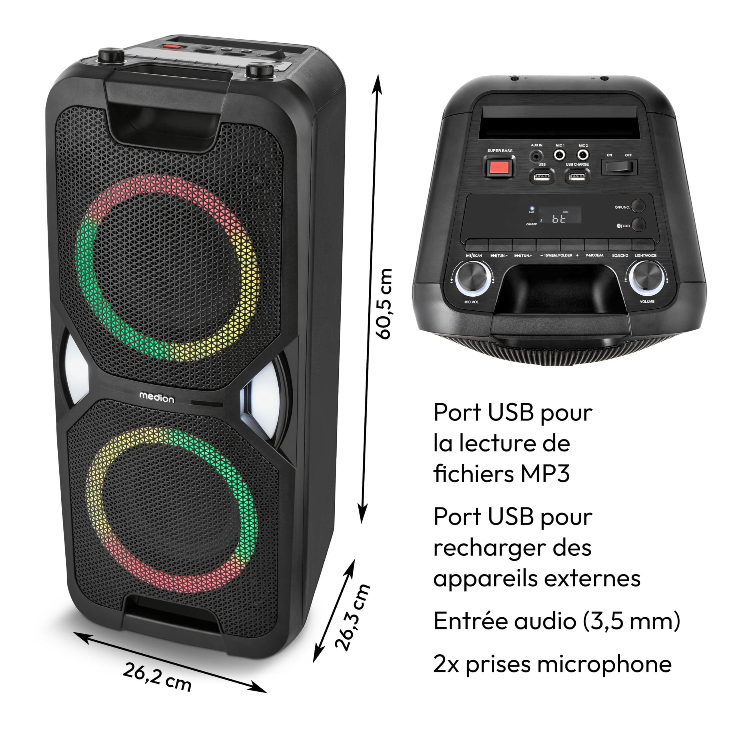 MEDION PE-1 Pure Enceinte Portable de soirée (Enceinte Bluetooth, Partybox avec Batterie, Enceinte avec Micro, Karaoke Adulte, Jeu de lumières, 26 Heures d'autonomie, AUX, USB, Radio, MD 400000)