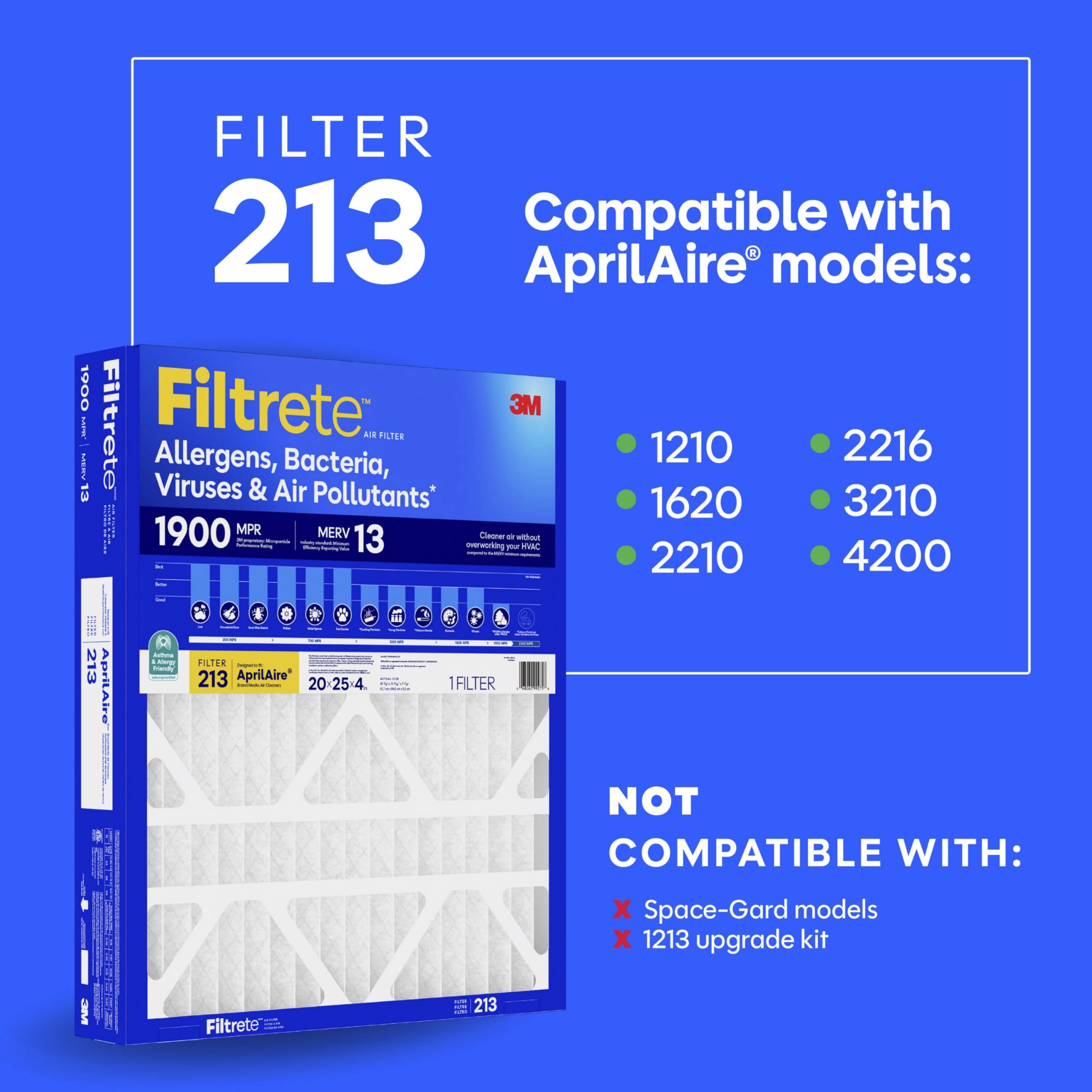 Filtrete AprilAire 213 Filtro de aire, filtros de repuesto AprilAire 213, MERV 13, MPR 1900, alérgenos, bacterias, virus y contaminantes del aire, filtro de aire acondicionado de 12 meses, aire más