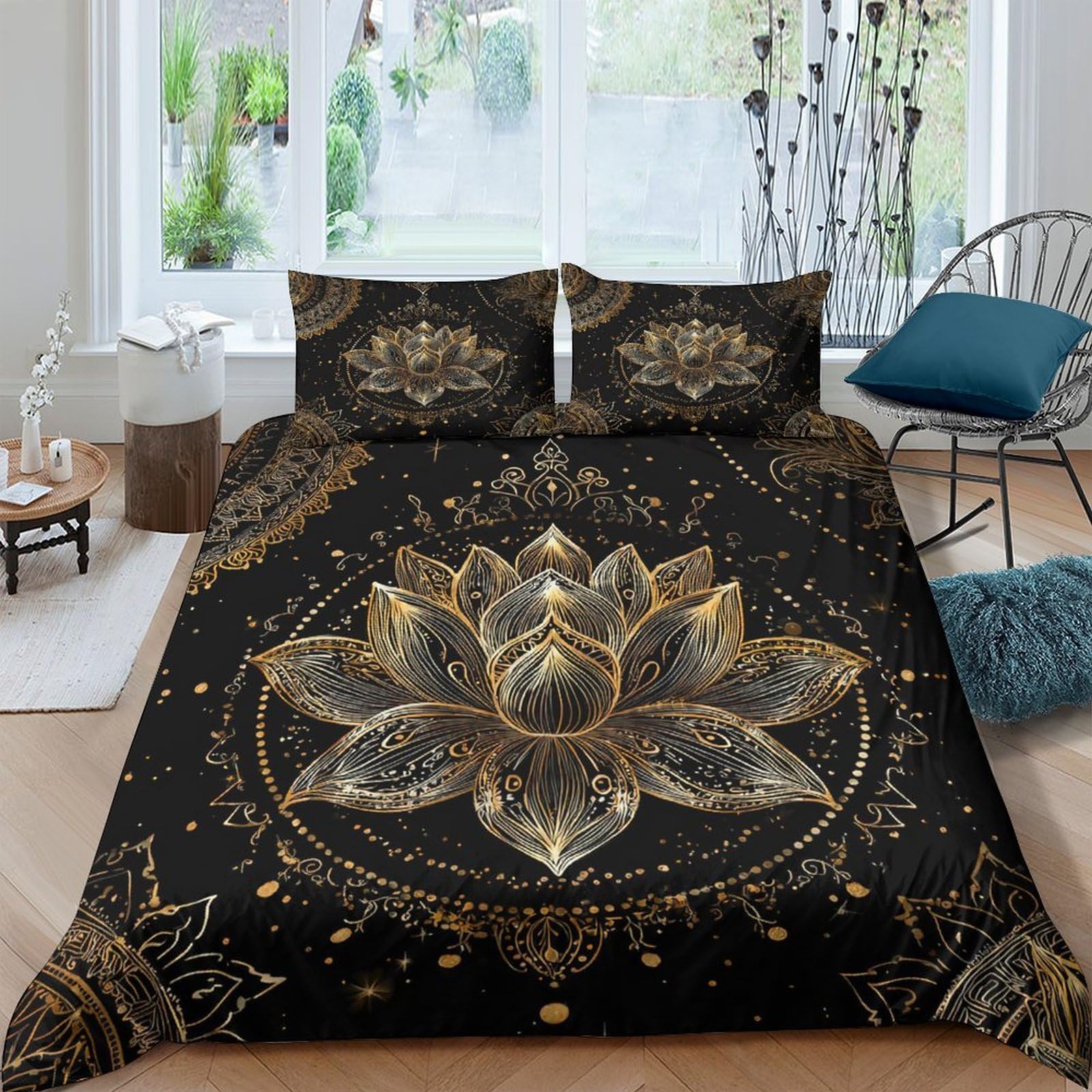 Ctjqhvkz Style-9 3D Printed Black Gold Lotus Fitted Sheet Microfiber Soft Mandala Bed Cover Non Slip Machine Washable Bedroom Decor Single（135X200cm）