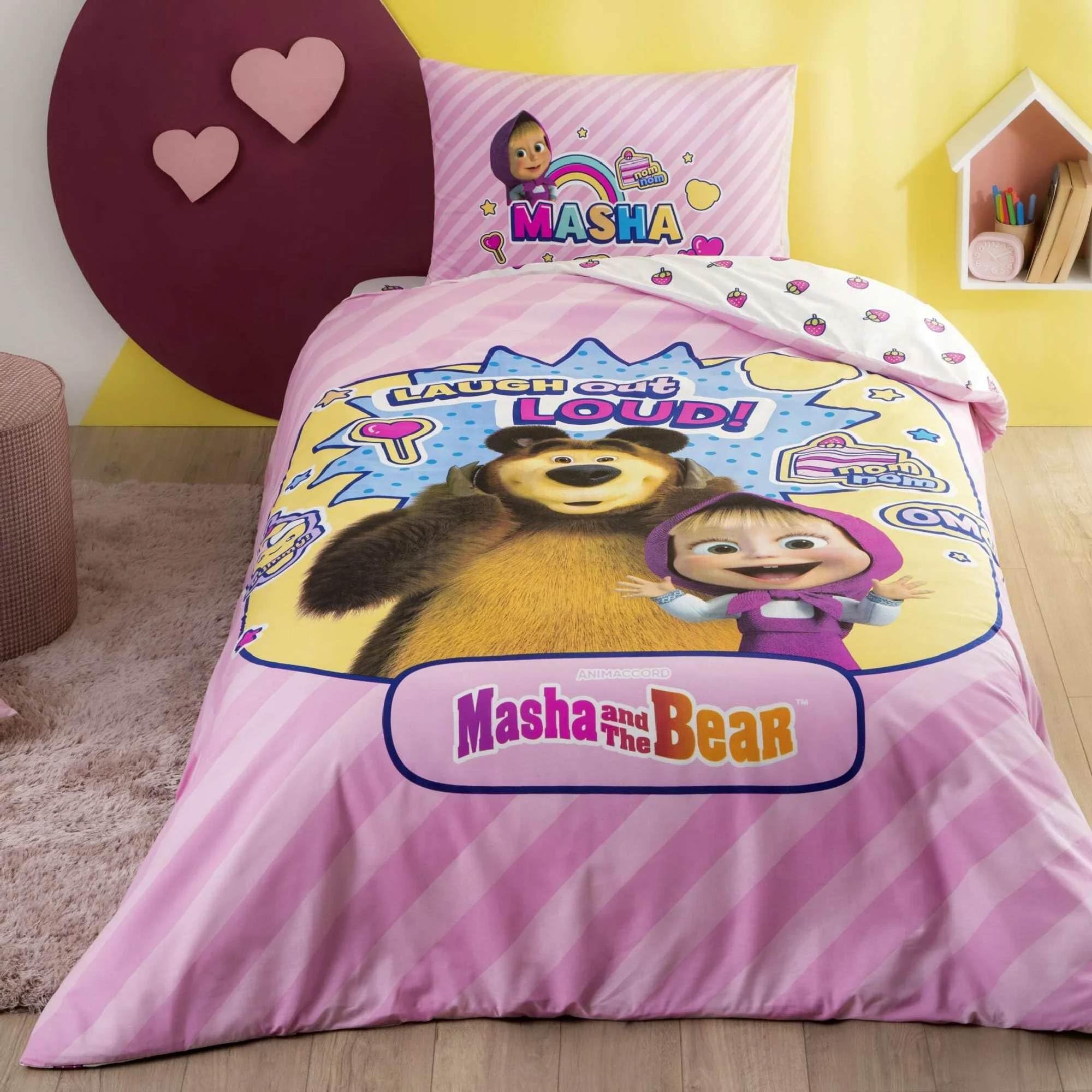TAÇ Masha & The Bear Super Cute Renkli Klişe Pamuk Nevresim Takımı, Çok Renkli, Küçük Tek Kişilik