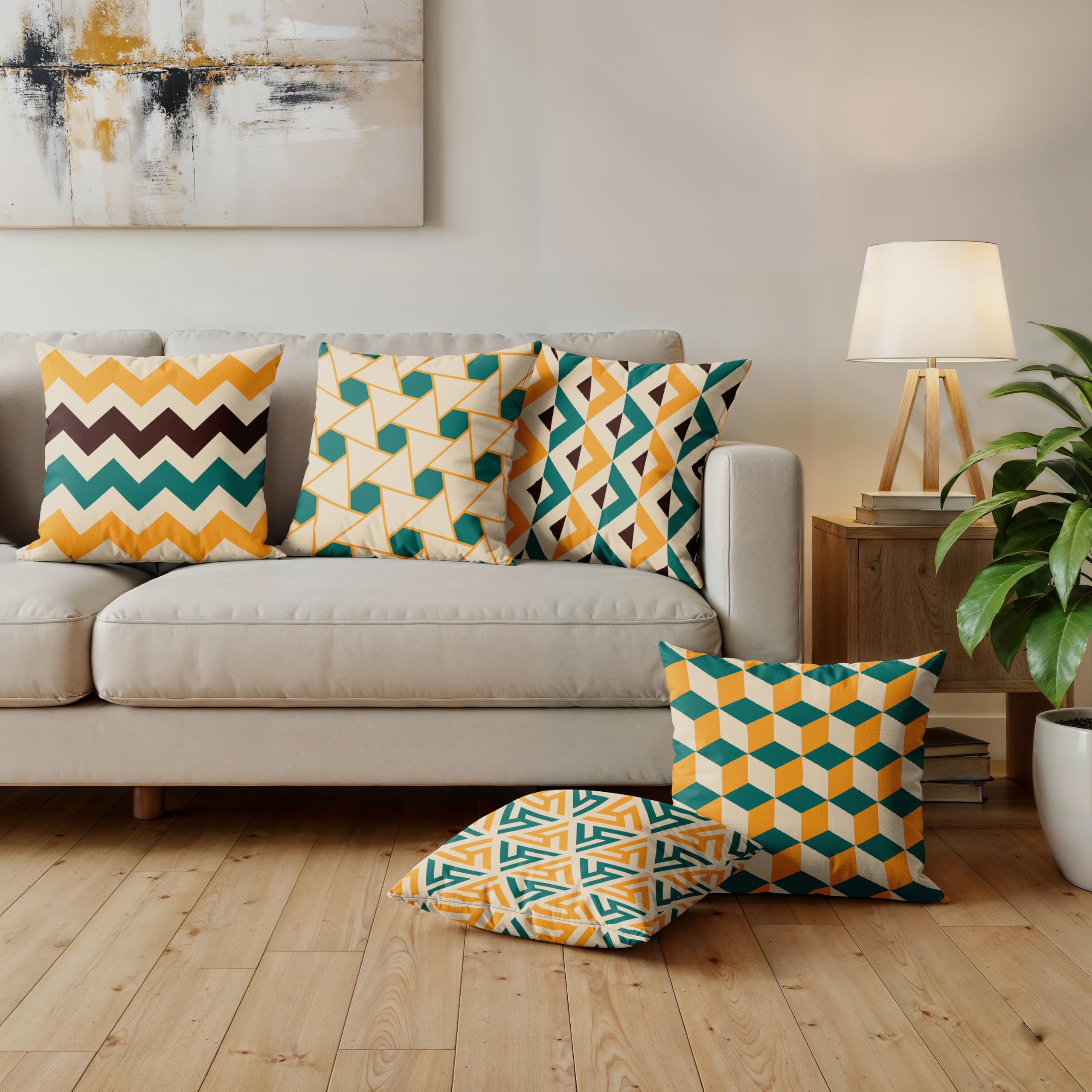 Ultimate Trends Digital Printed Soft Cotton Feel Polyester Decorative Cushion Cover, Modern Eligent Designs, Heavy Long Life Fabric,20 inch X 20 inch Set of 5,Yellow Teal-image-35