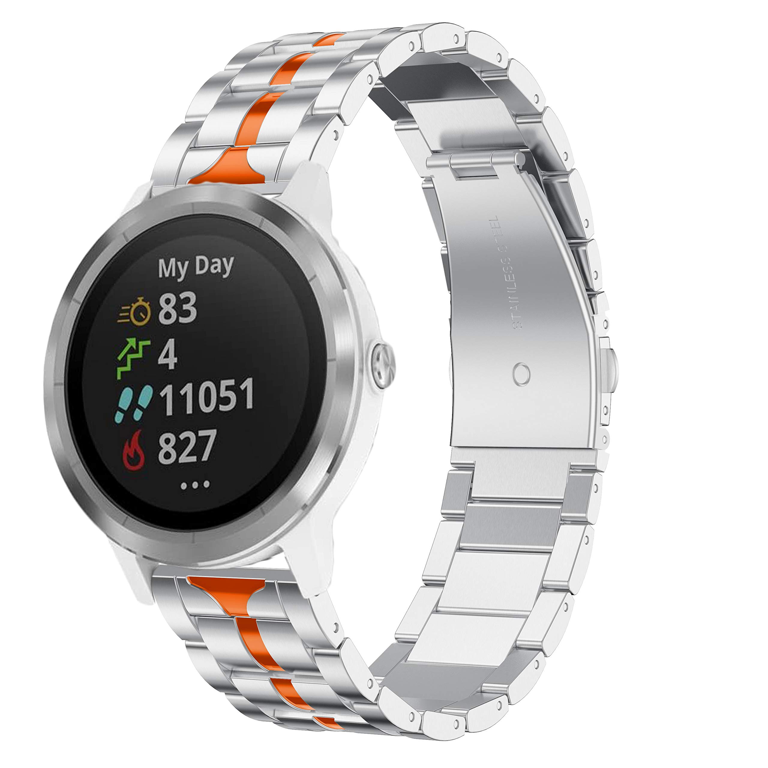 Watch Bands for Garmin Vivoactive 3, 20mm Quick Release Stainless Steel Band for Garmin Forerunner 645/245 Music, Garmin Venu/Vivomove 3 44mm, Vivomove HR/Luxe/Style 42mm-Silver&Orange