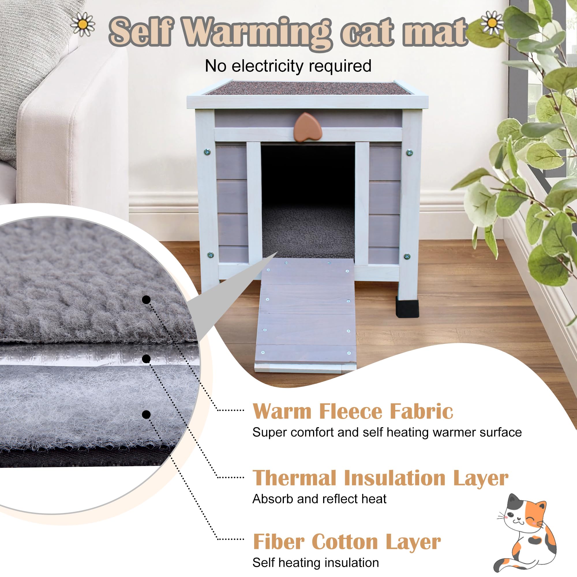 Maison de Chat d'extérieur avec Tapis, Maison de Chat Exterieur en Bois,Sauvage extérieure résistant aux intempéries, Petite Maison en Bois avec Tapis 42 x 51 x 43 cm (Gris)
