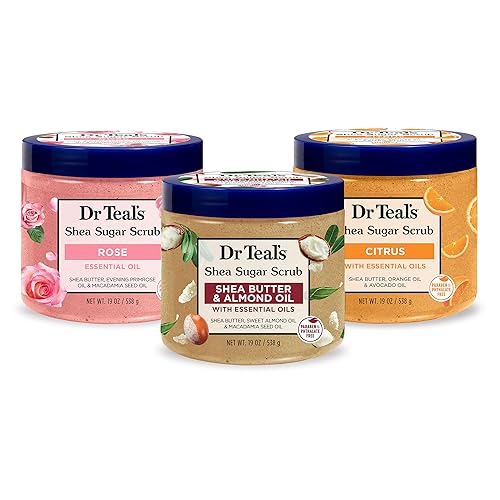 Dr Teal's Shea Sugar Scrub Trial Pack, Rose, Shea Butter, Citrus 19 oz (Pack of 3) - Rose, Shea Butter, Citrus - 57 Ounce (Pack of 1)