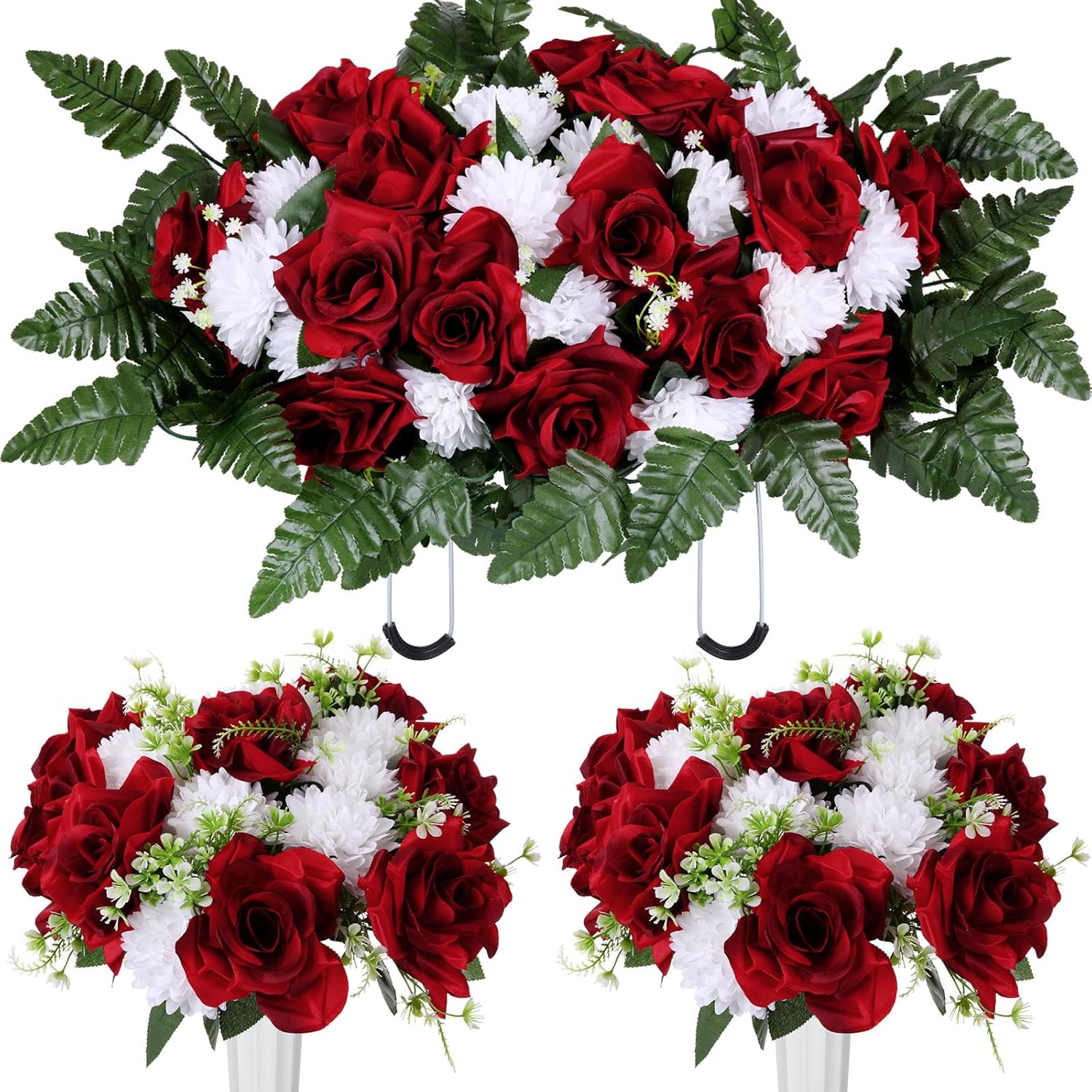 Tigeen 3 Pcs Artificial Cemetery Flowers for Grave Memorial Flowers Funeral Headstone Saddle Rose and White Chrysanthemum Bouquets with Vase for Mother's Day Outdoor Grave Decoration(Red)