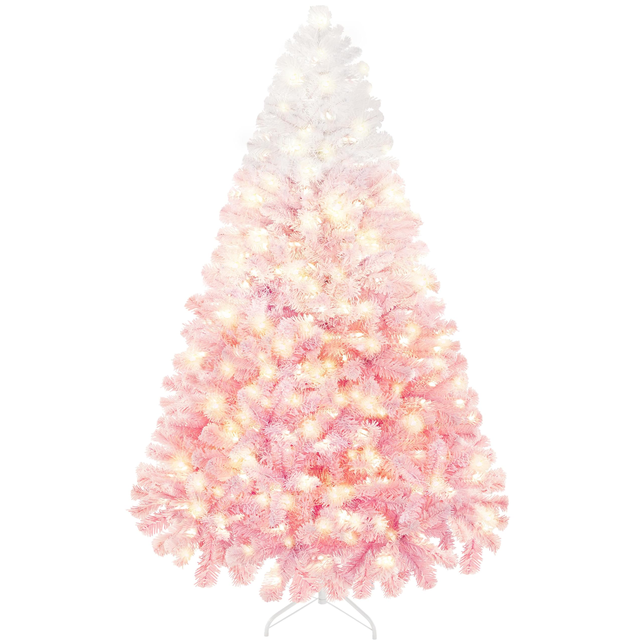 Yaheetech 6ft Pre-lit Artificial Christmas Tree with 250 Incandescent Warm White Lights, Snow Flocked Full Prelighted Xmas Tree with 820 Branch Tips & Foldable Stand, Pink Gradient
