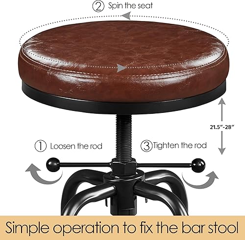 Miniatura 6 de Yaheetech Taburete de bar industrial, taburete vintage de altura de mostrador con asiento redondo de piel sintética, taburete de cocina ajustable de