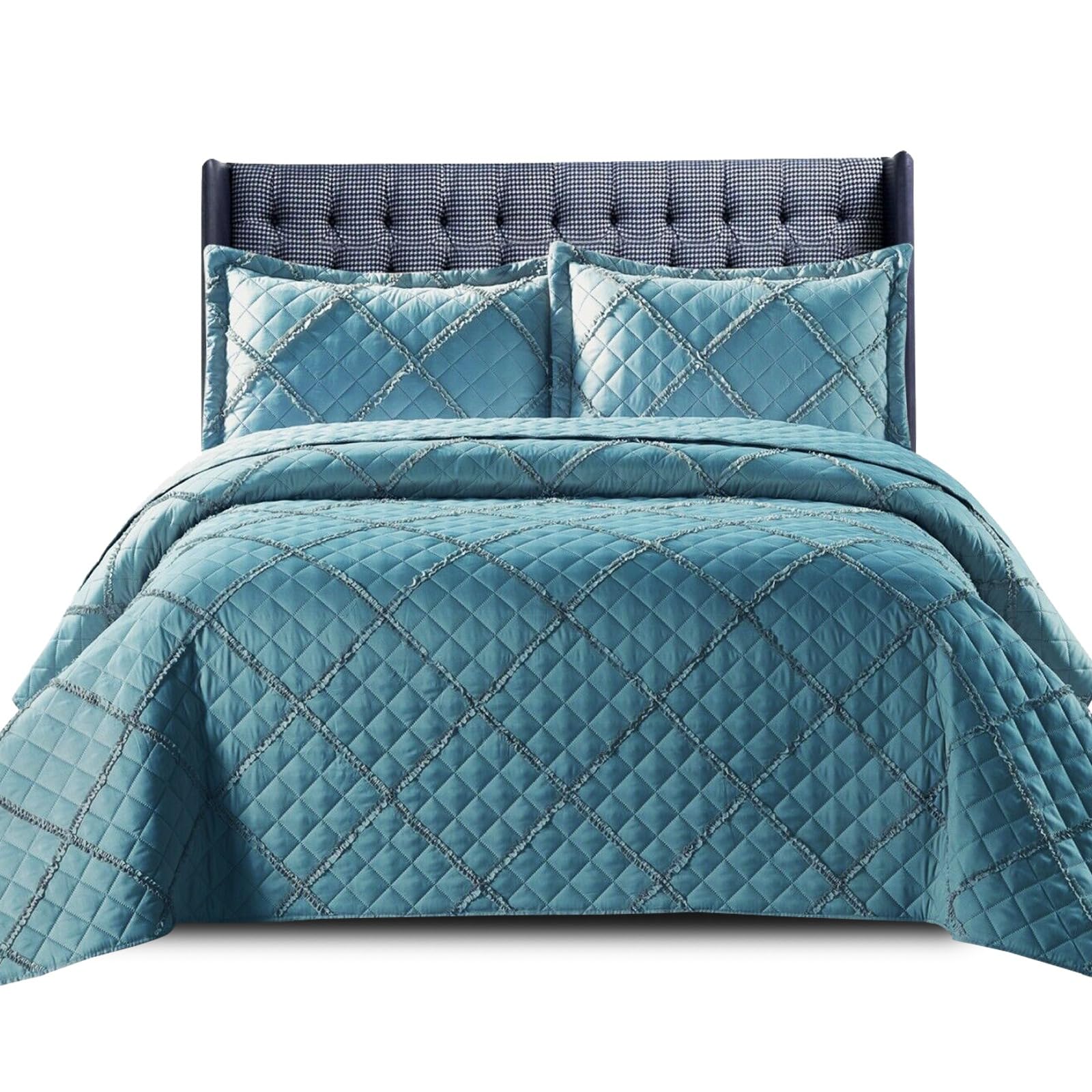 Modern & Stylish Embossed Ruffle Quilted Bedspread Bed Throw Single Double King size bedding set (Blue-Ruffle, Single)