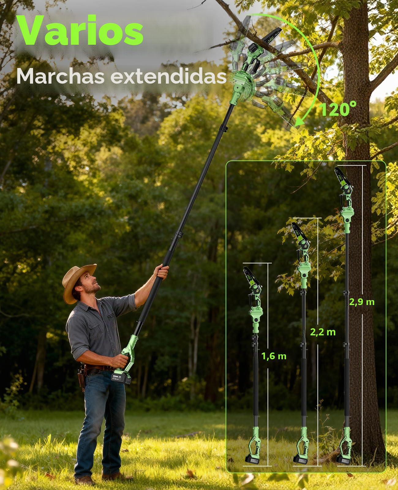2 en 1 Motosierra Bateria con Pértiga, 6’’ Mini Motosierra a Batería & Sierra de Podar Telescópica, con 2x4000mAh Baterías, Altura de Trabajo 4,8m, Motosierra para Poda de Árboles y Jardín