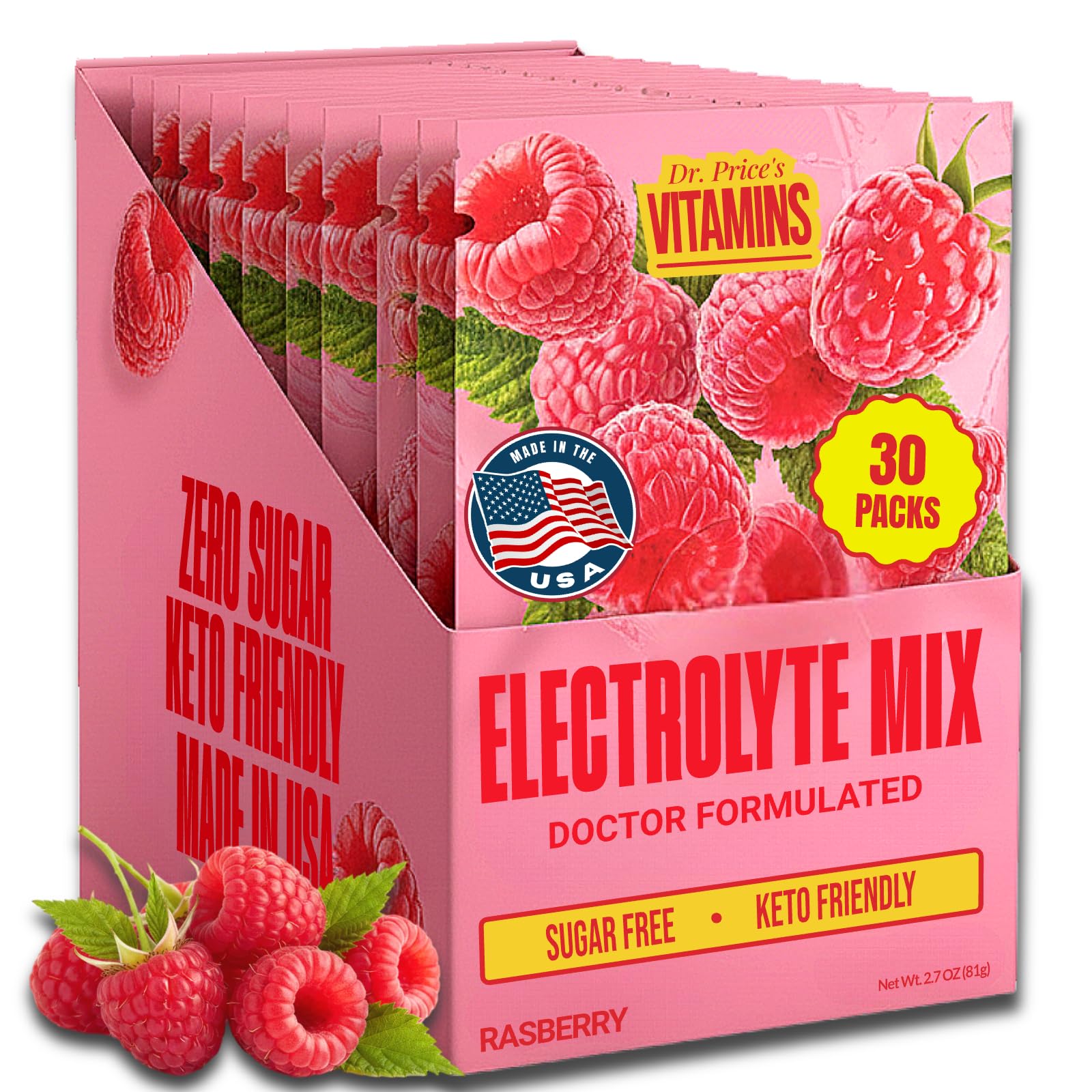 Dr. Price’s Electrolytes Hydration Powder Packets – Raspberry, 30 Packs | Sugar Free Electrolyte Drink Mix, 72+ Trace Minerals, Manganese | Keto Electrolytes, Vegan, Doctor-Formulated, Made in USA