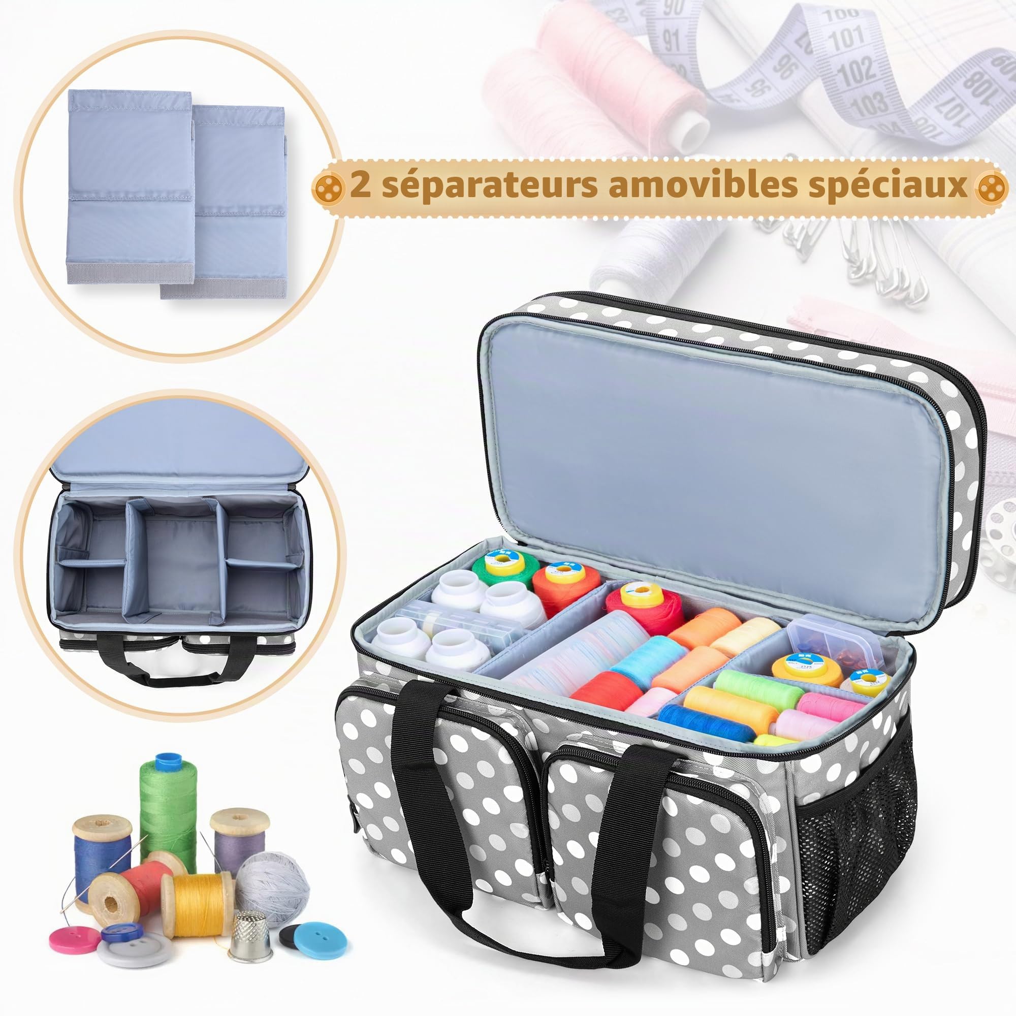 BAFASO Sac pour Kit de Couture, Boite a Couture Double Couche, Points Gris | Organisateur pour Accessoire Couture avec 1 Pochette et des Séparateurs Amovibles, (Aucun Accessoire)