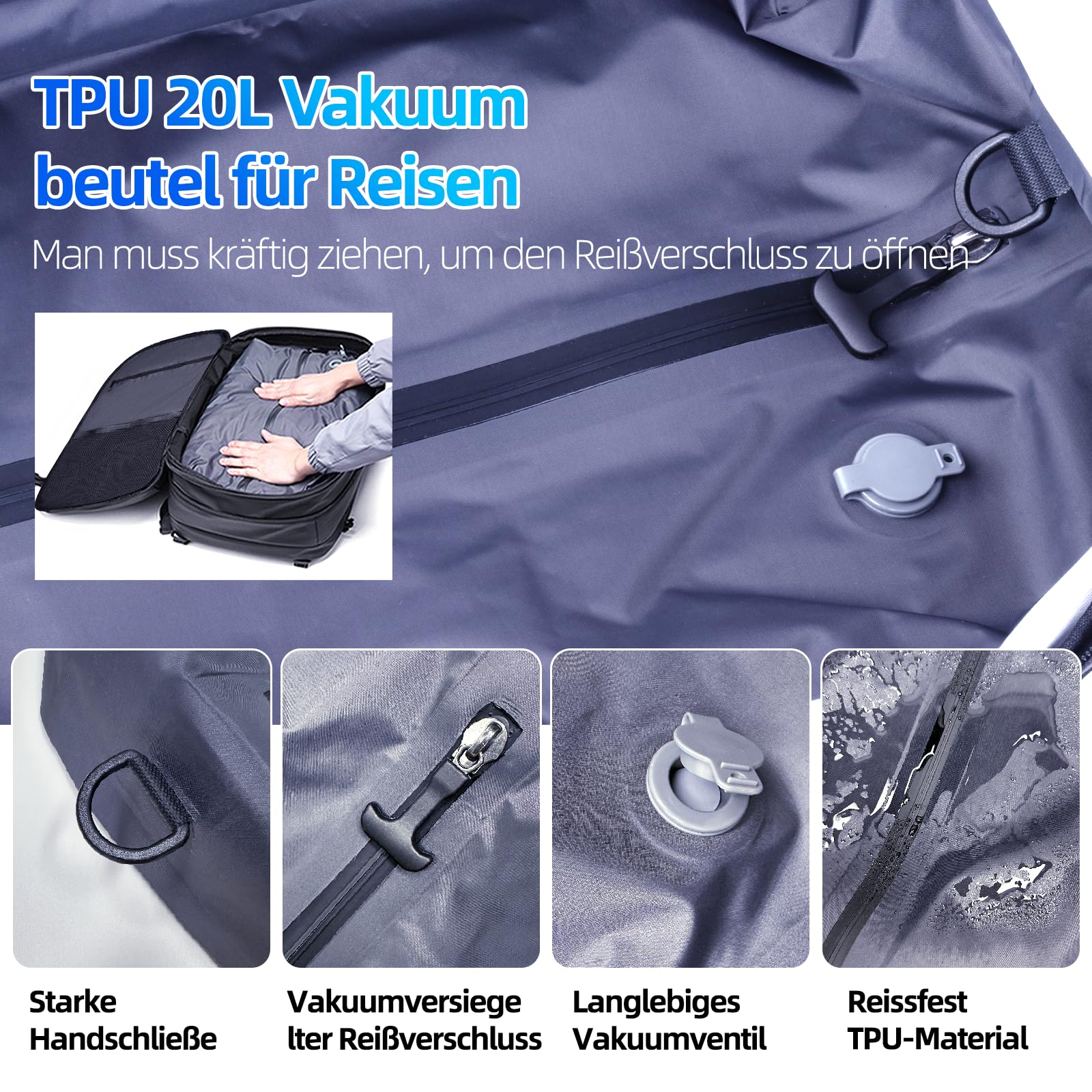KINGSLONG Vakuum Rucksack Laptop Handgepäck: Herren Reiserucksack Flugzeug 17 Zoll PC Wasserdicht Backpack 60L Erweiterbarer Vakuum Tasche mit Pumpe und Sperre für Business Travel Männer