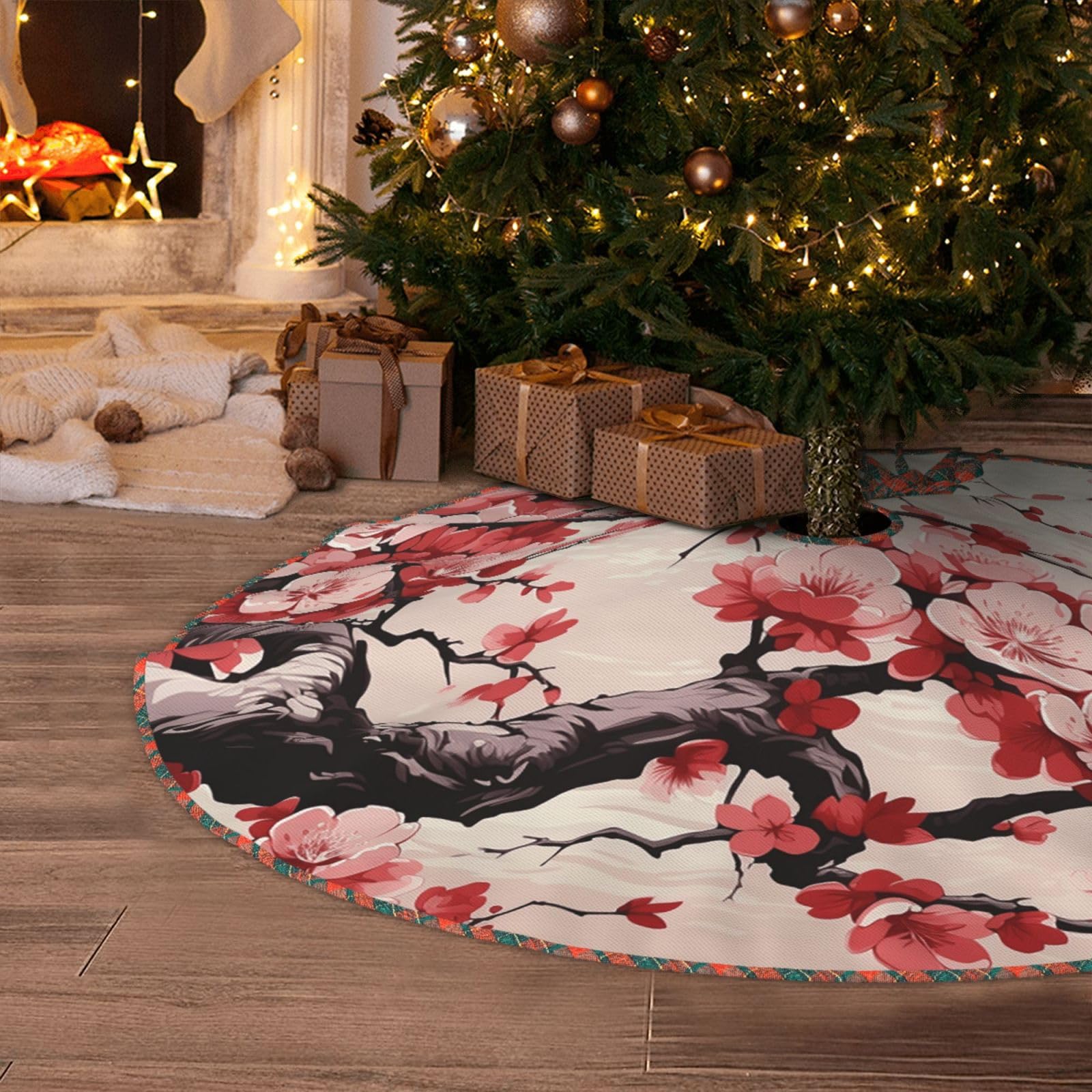 Japanese Floral Cherry Blossom Christmas Tree Skirt 48" Artificial Tree Mat Cover Merry Christmas Burlap Xmas Tree Skirt for Christmas Decoration Holiday Indoor Outdoor Winter Party Decor