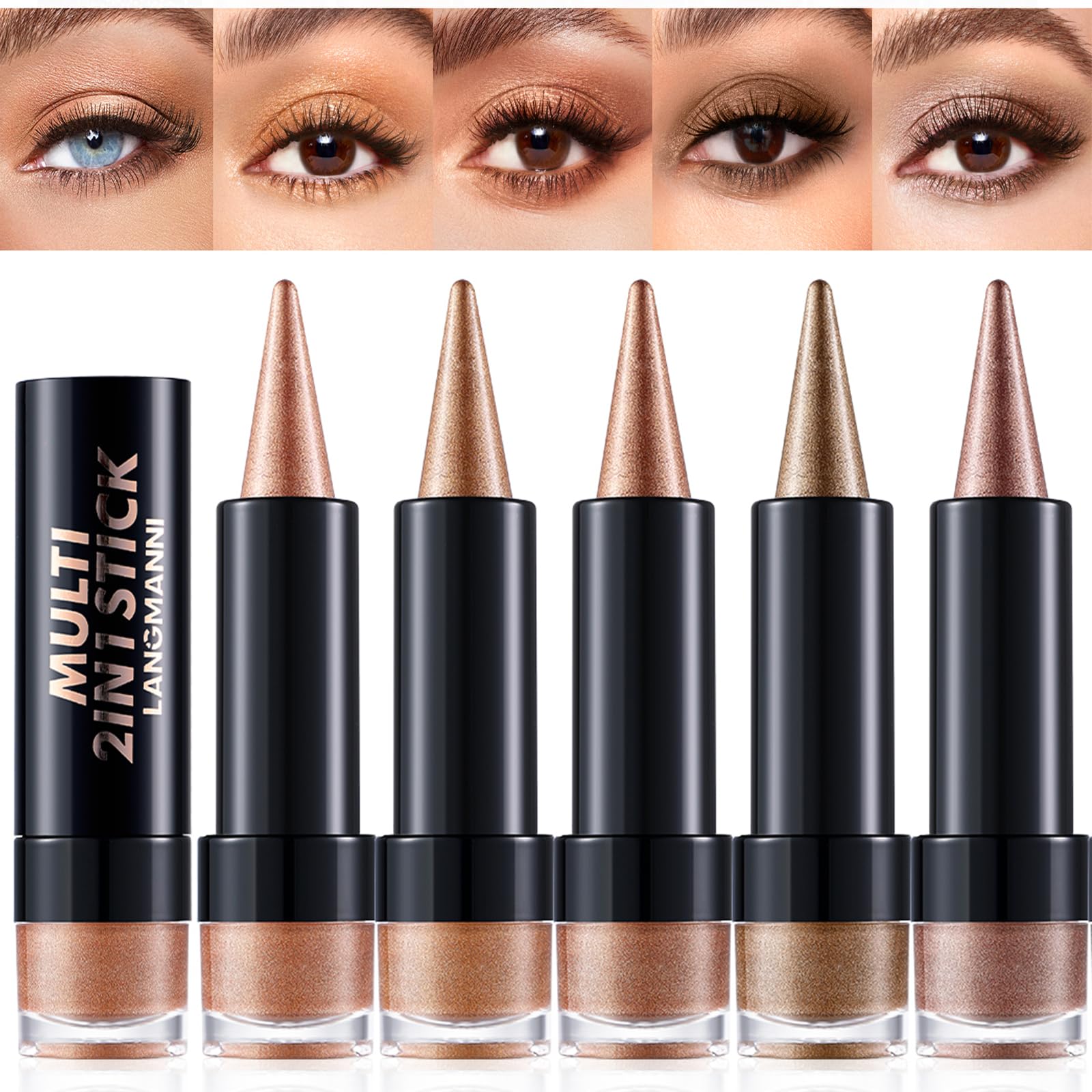 5 Colours Gradient Eyeshadow & Eyeliner Stick Set, Shimmer Gold Creamy Eyeshadow Pencil, Smudge-Resistant Long-Wearing Eye Makeup (# 5 Colours A)